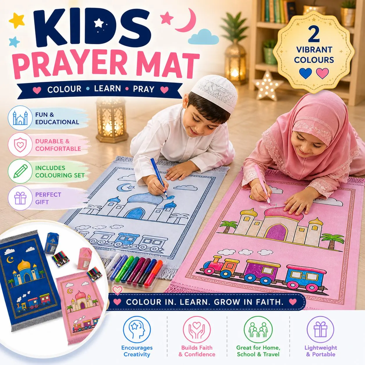 Kids Colouring Prayer Mat Set | Islamic Salah Learning Activity (Includes Pens) - image 3
