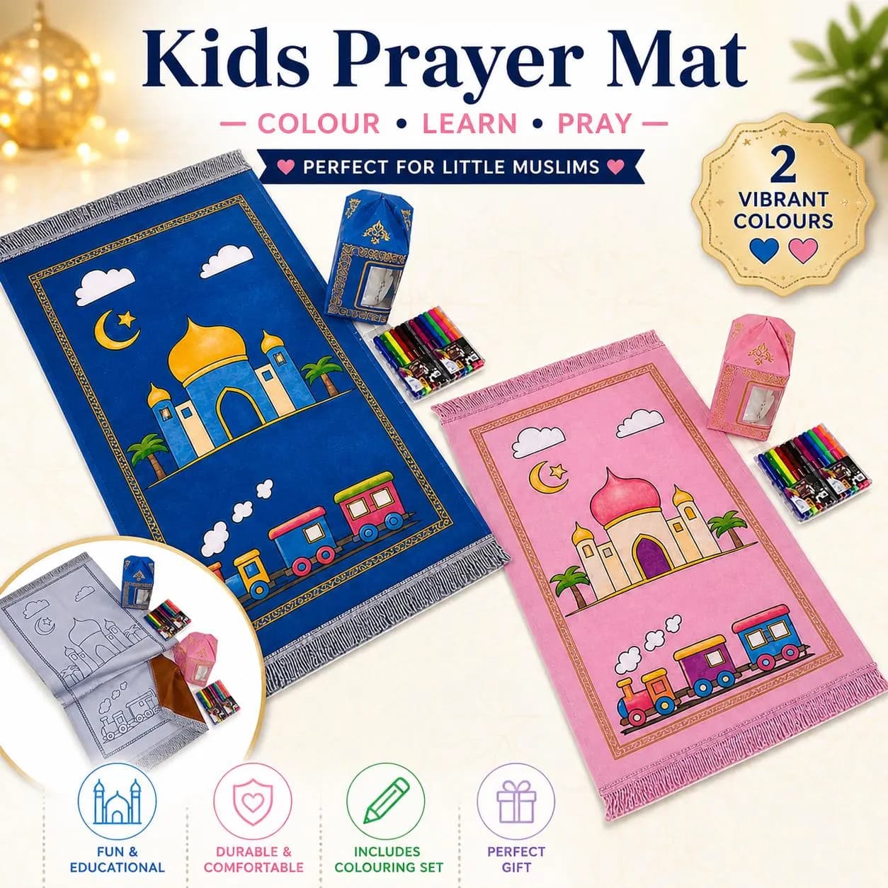 Kids Colouring Prayer Mat Set | Islamic Salah Learning Activity (Includes Pens)