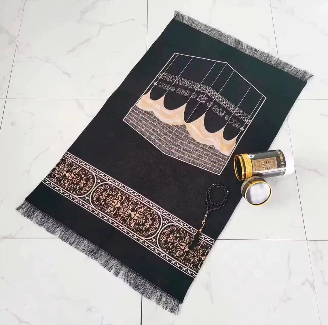 Kaaba Design Prayer Mat & Tasbih Set | Islamic Gift