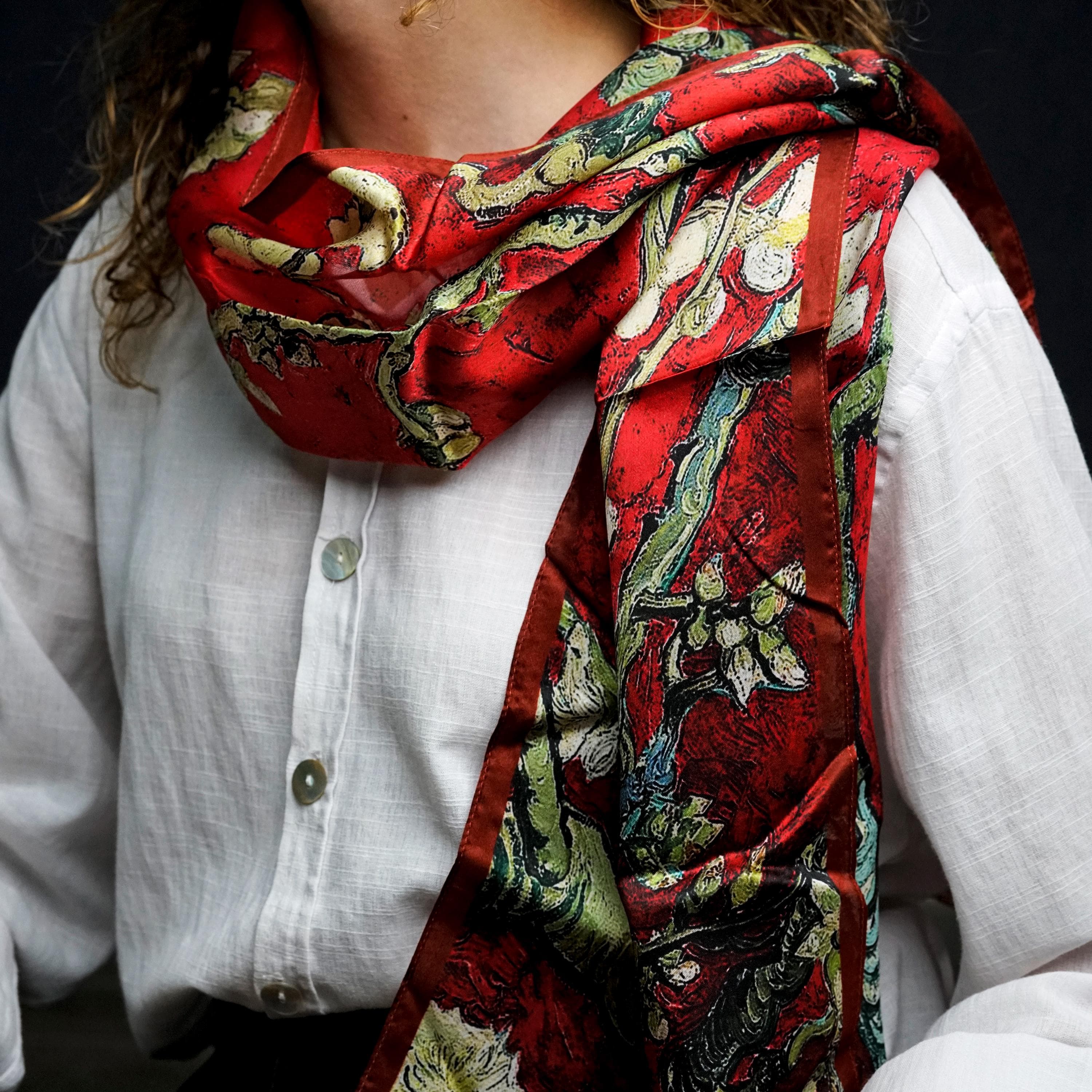 Luxury 100% Mulberry Silk Scarf for Women 16"x64" Floral Print Head Wrap Lightweight Long Hair Scarf Shawl Gift for Mom
