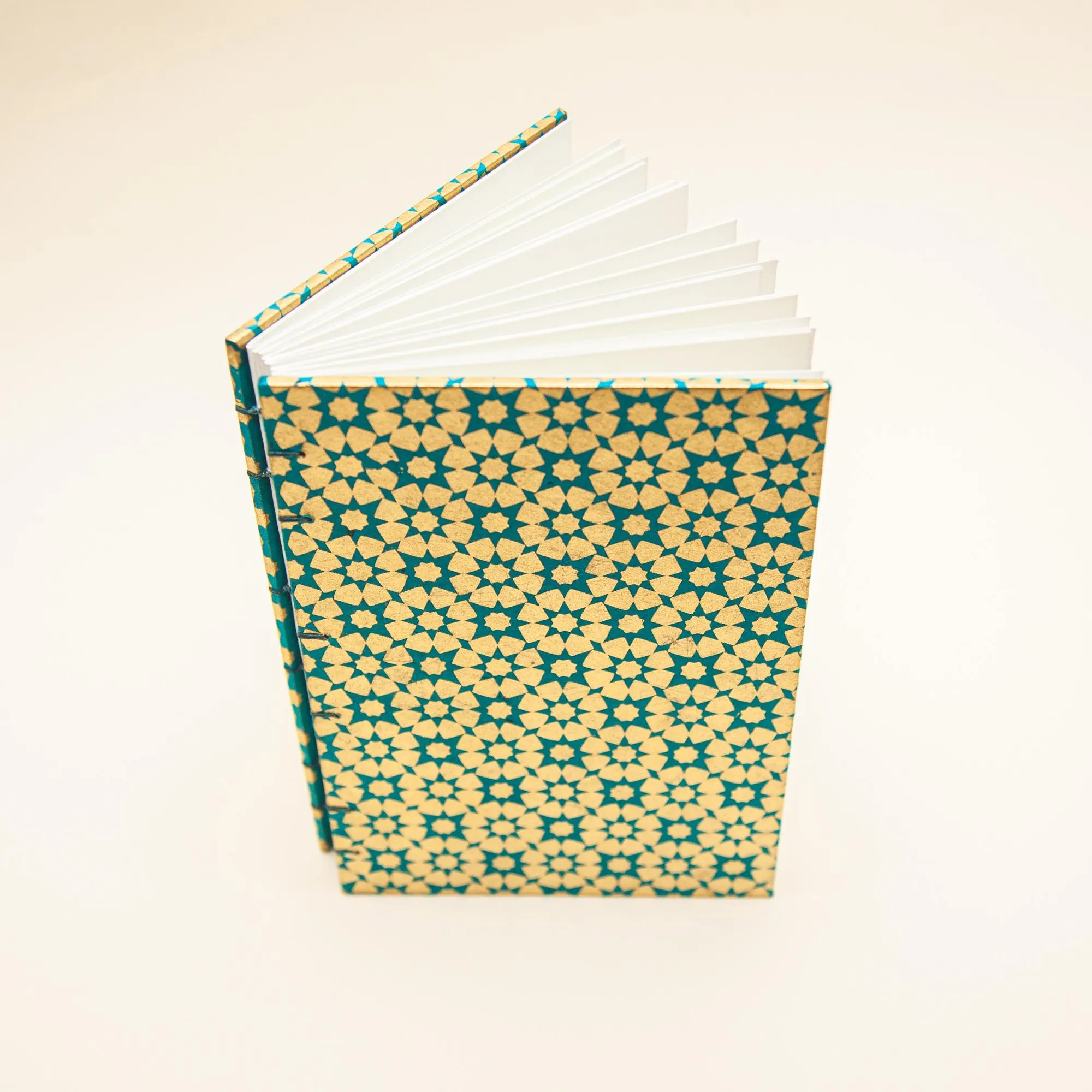 Gold and Turquoise Moroccan Tiles Coptic Bound Journal with Tea Stained Pages - image 2