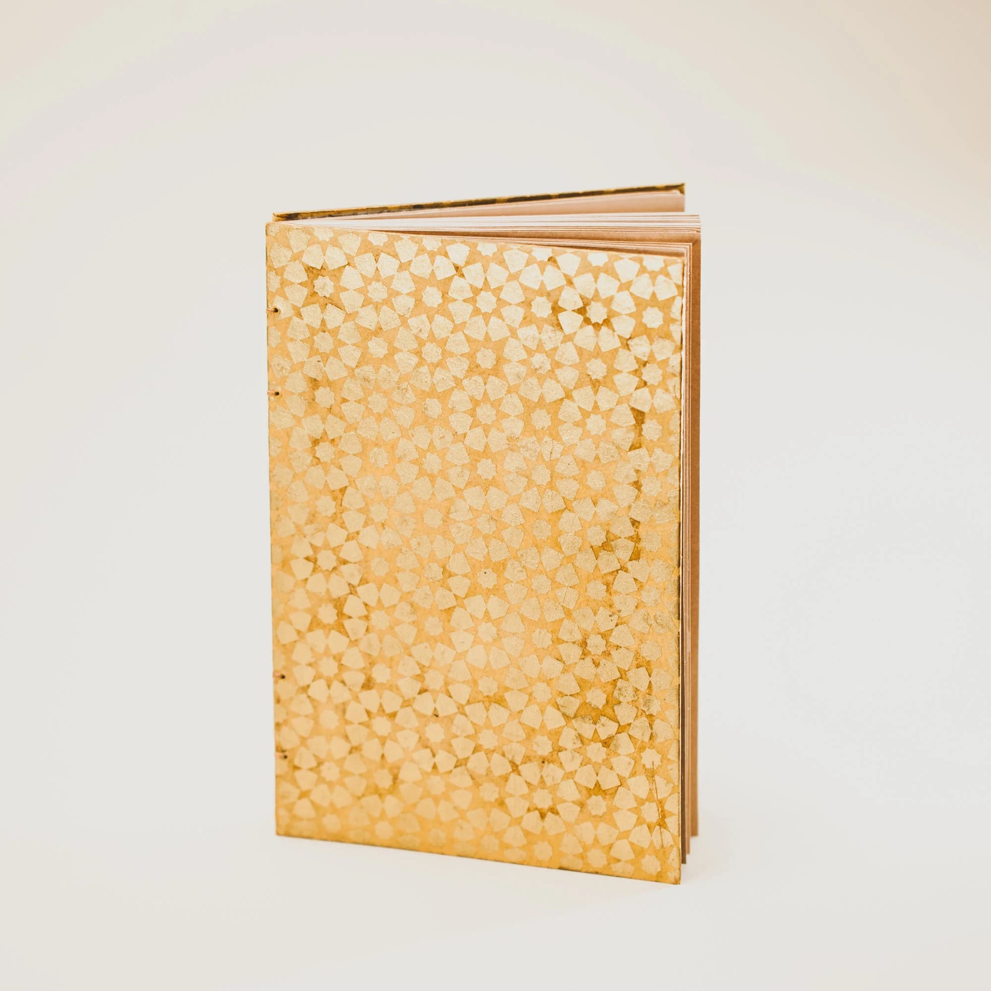 Gold Moroccan Tiles Journal, Hand Crafted Coptic Bound Book with Tea Stained Pages, Islamic Geometric Design