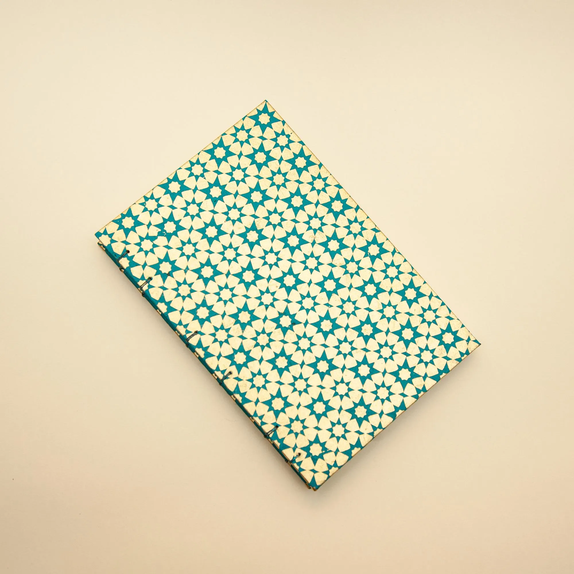 Gold and Turquoise Moroccan Tiles Coptic Bound Journal with Tea Stained Pages - image 4