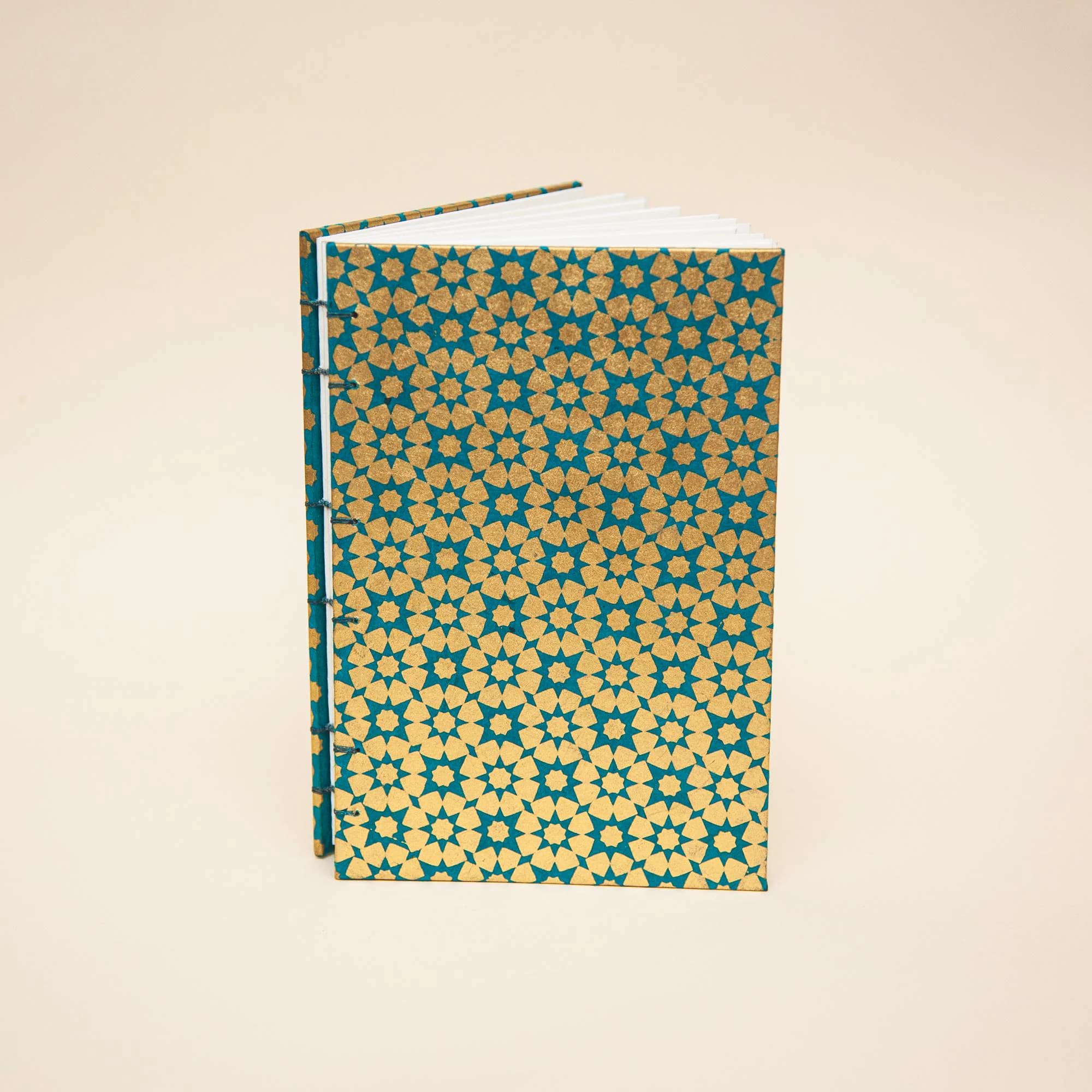 Gold and Turquoise Moroccan Tiles Coptic Bound Journal with Tea Stained Pages