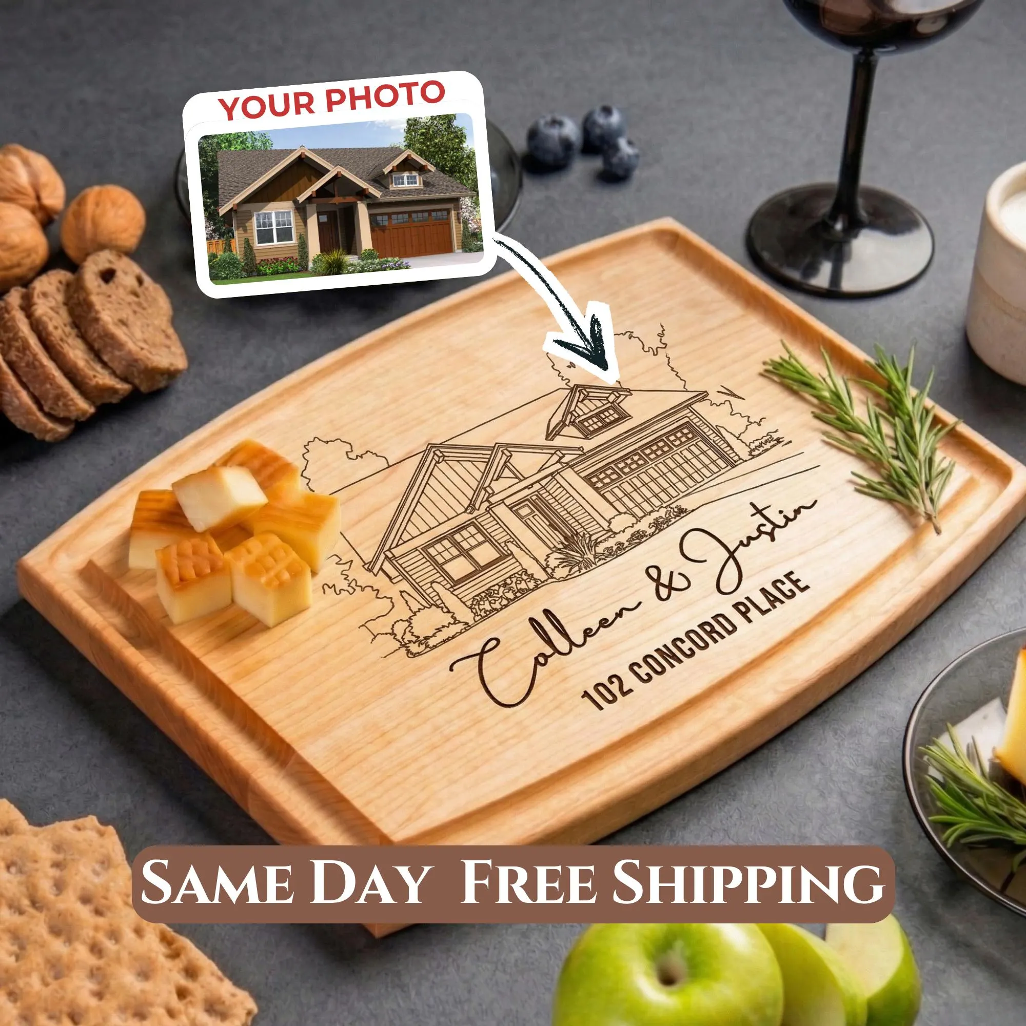 New Home Personalized House Portrait Cutting Board Engraved Photo on Wood First Home Gift Real Estate Closing Gift for Couples Newlywed Gift