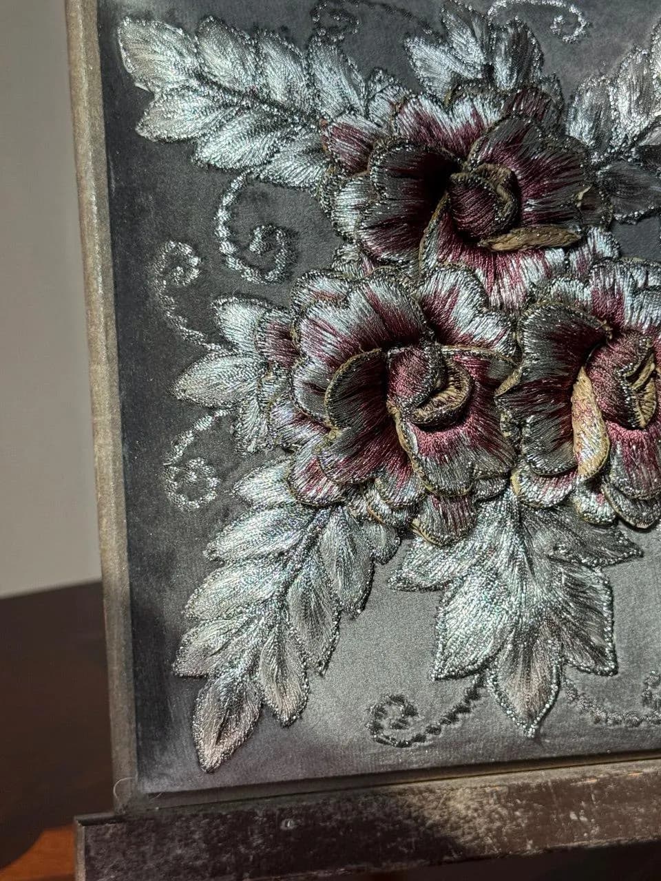 Silver Floral Embroidery on Grey Velvet | Handmade Metallic Thread Art on Wooden Stand | Elegant Home Decor Gift l 3D embroidery - image 4