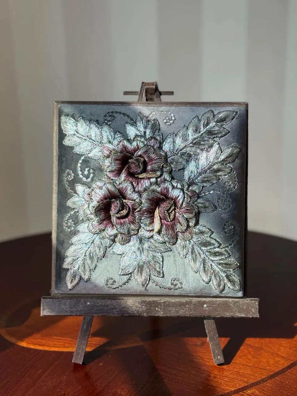 Silver Floral Embroidery on Grey Velvet | Handmade Metallic Thread Art on Wooden Stand | Elegant Home Decor Gift l 3D embroidery - image 3