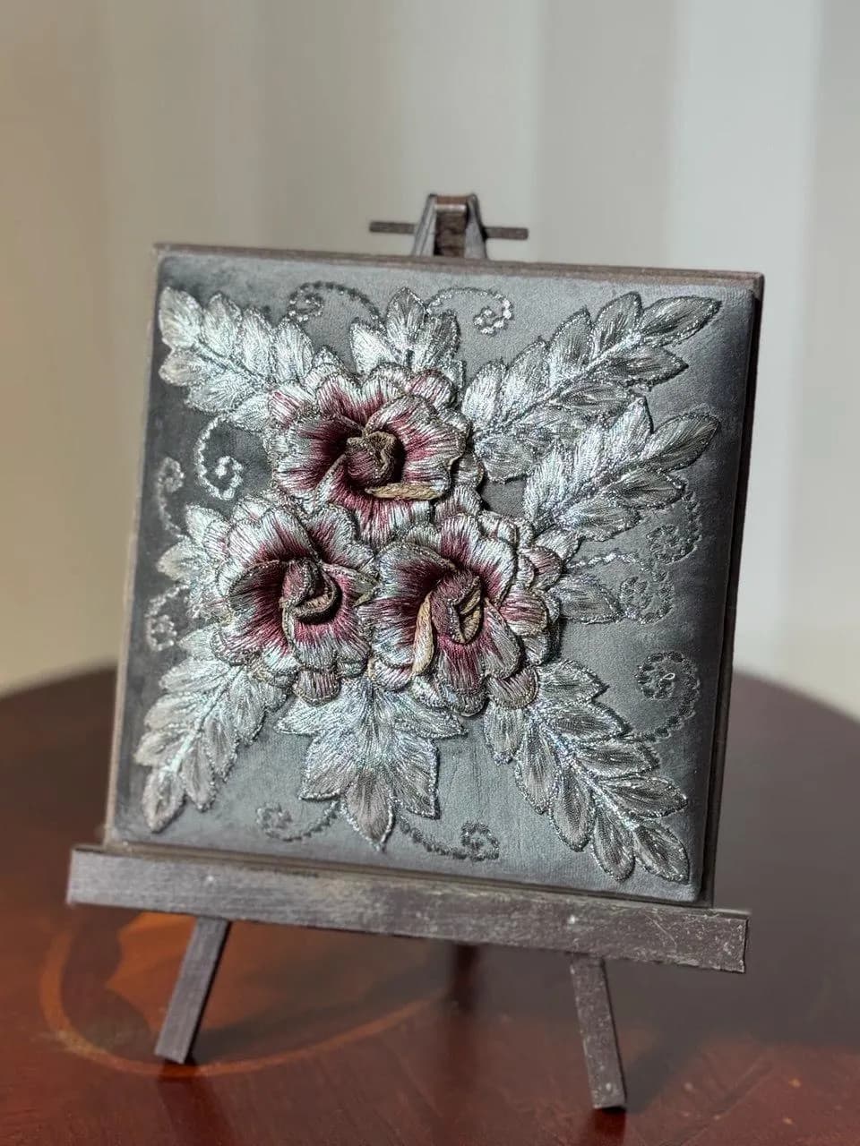 Silver Floral Embroidery on Grey Velvet | Handmade Metallic Thread Art on Wooden Stand | Elegant Home Decor Gift l 3D embroidery