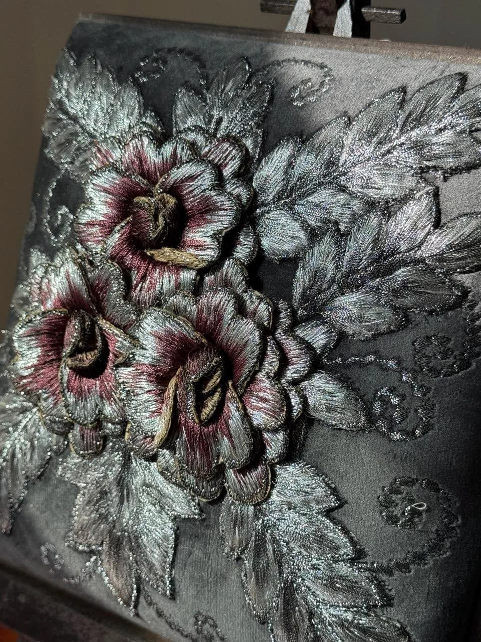 Silver Floral Embroidery on Grey Velvet | Handmade Metallic Thread Art on Wooden Stand | Elegant Home Decor Gift l 3D embroidery - image 5