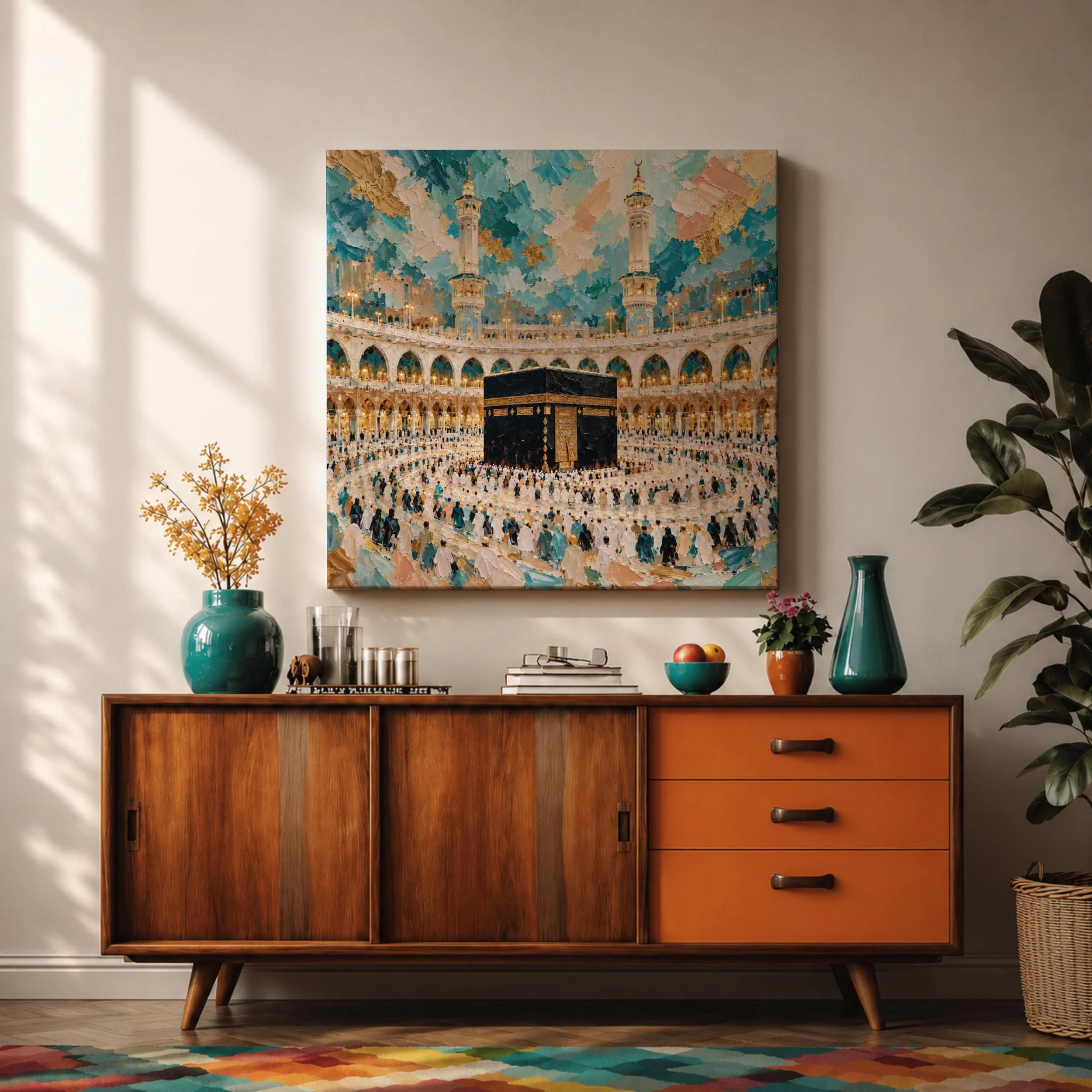 Kaaba Canvas Print, Colorful Impressionist Mecca Painting, Masjid Al Haram, Islamic Pilgrimage Wall Art