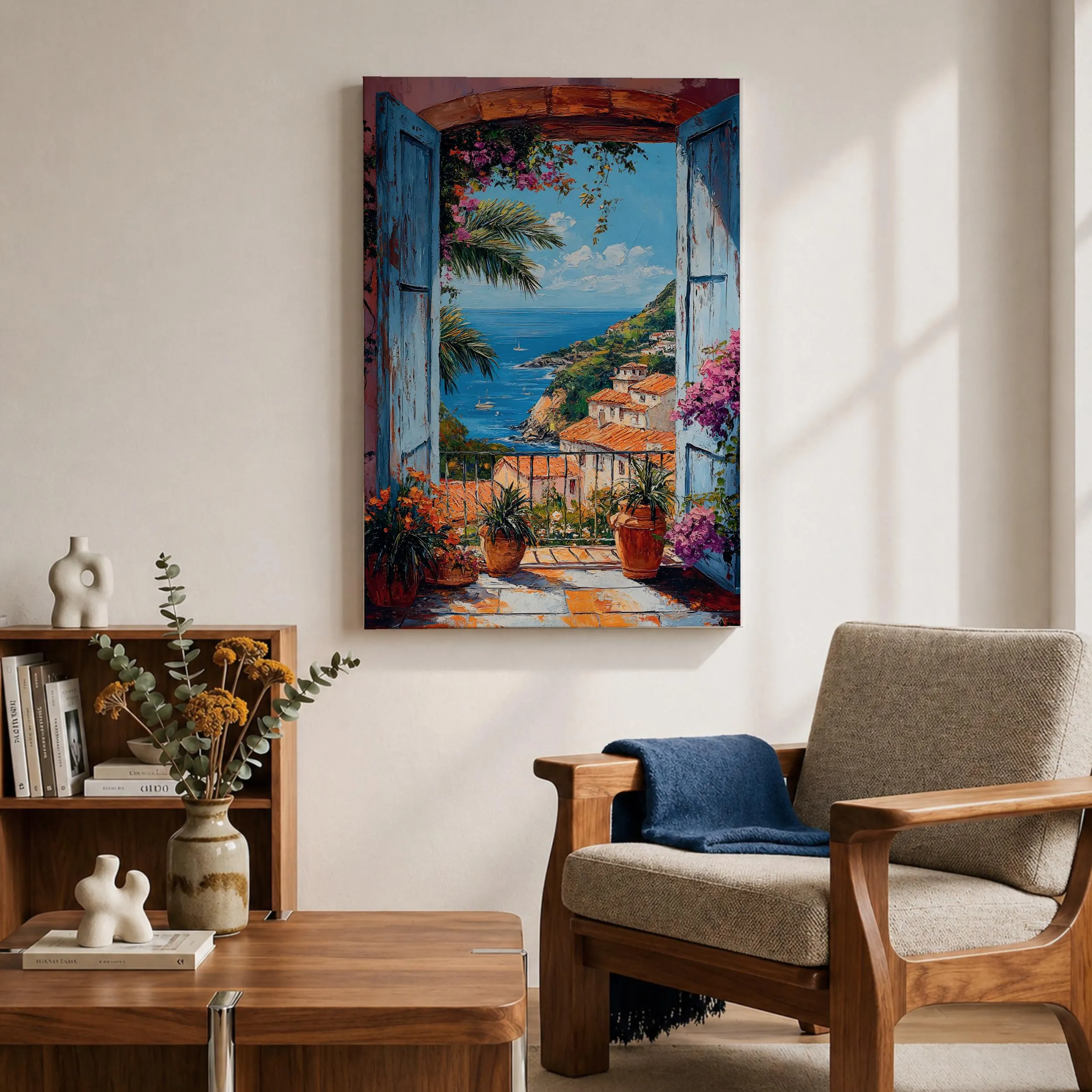 Amalfi Coast Canvas Print, Blue Italian Balcony Sea View Painting, Mediterranean Coastal Wall Decor - image 5