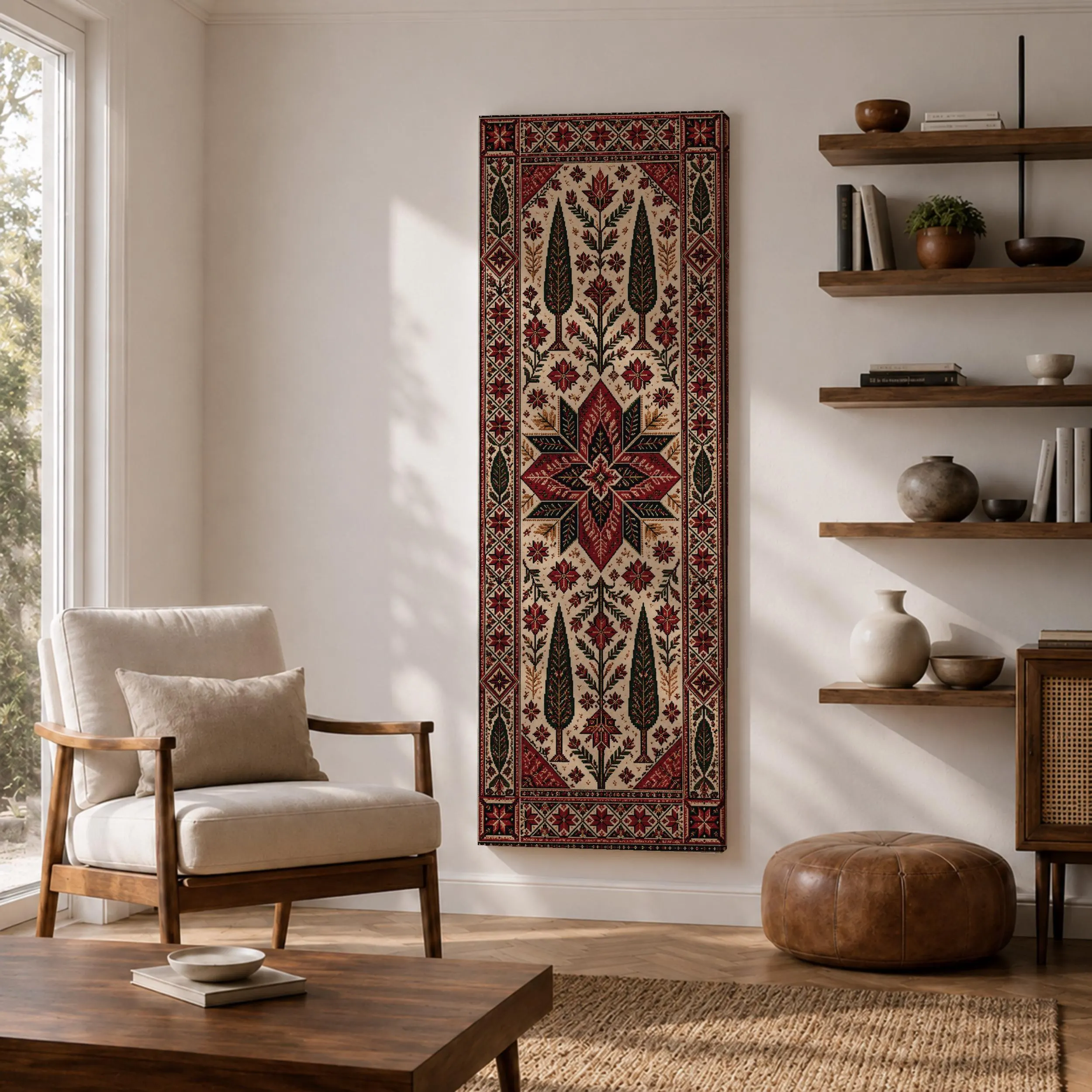 Tall narrow Kaaba wall art featuring the Holy Kaaba surrounded by dramatic gold and teal abstract artistic tones. Luxury Islamic canvas print with a spiritual atmosphere for prayer room, living room, and Muslim home decor.