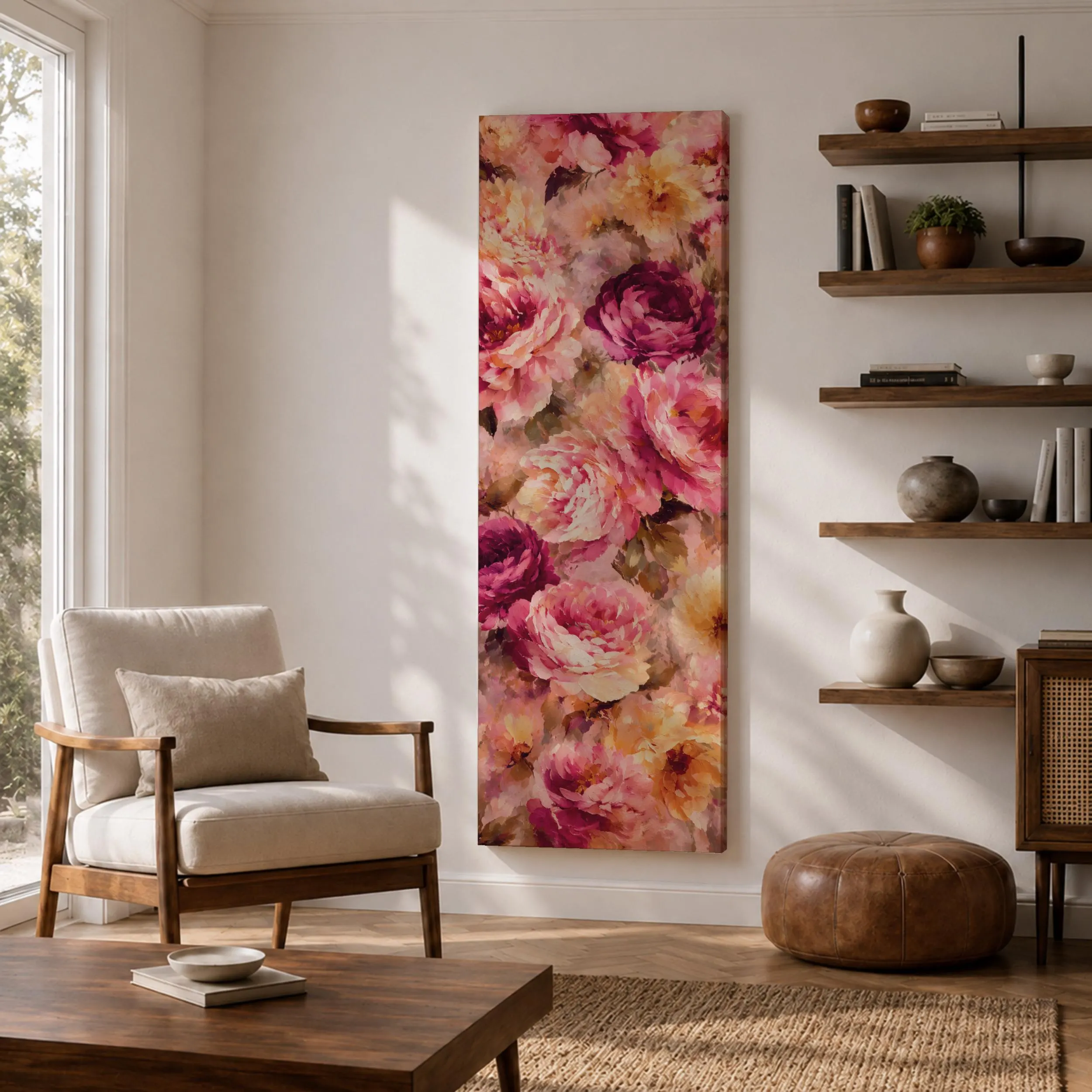 Tall narrow heart tree wall art featuring colorful heart-shaped blossoms on a blue background. Romantic vertical canvas print with a whimsical love tree design, perfect for bedroom, anniversary, couple, and home decor.