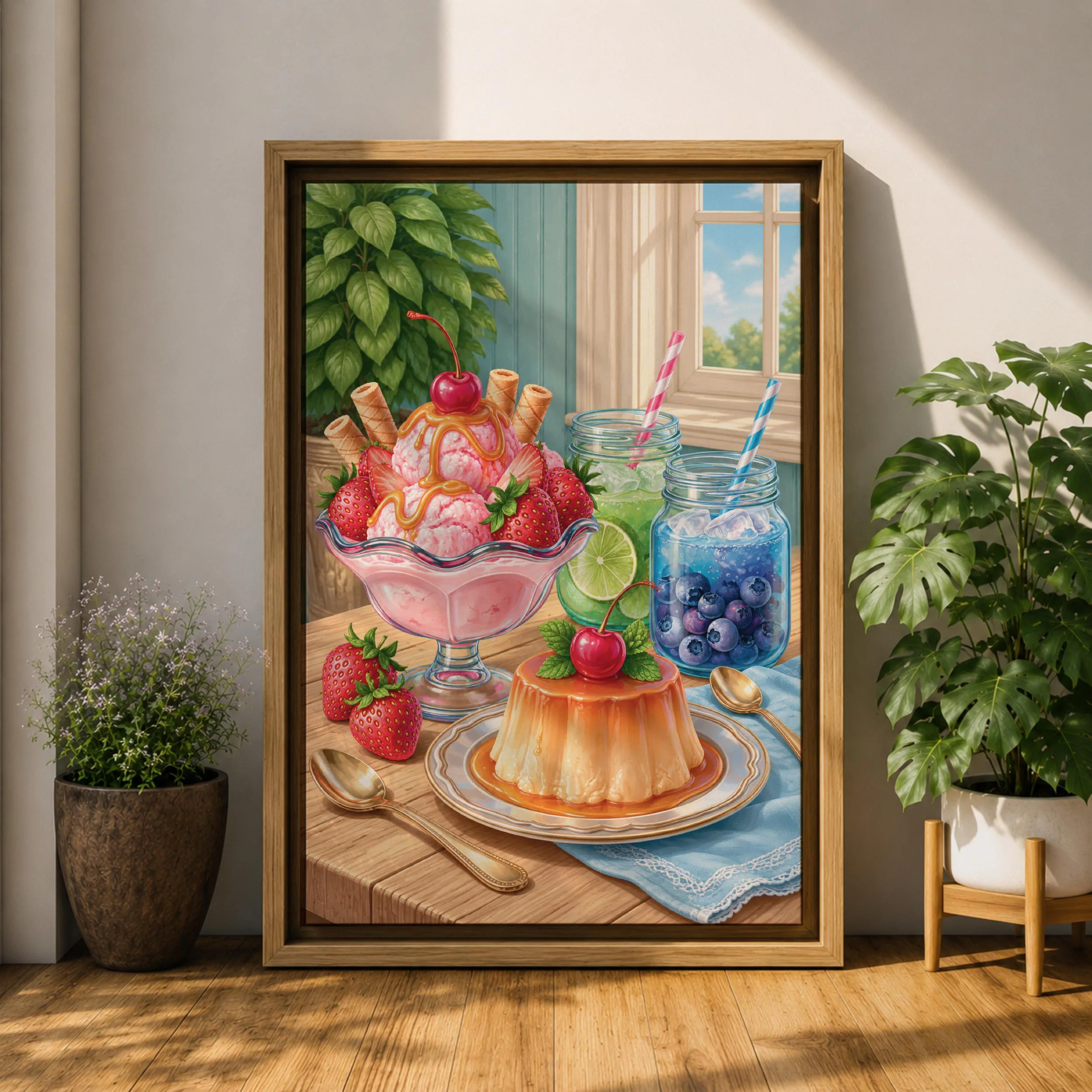Strawberry Sundae Canvas Print, Caramel Flan Still Life Painting, Colorful Dessert Kitchen Wall Decor