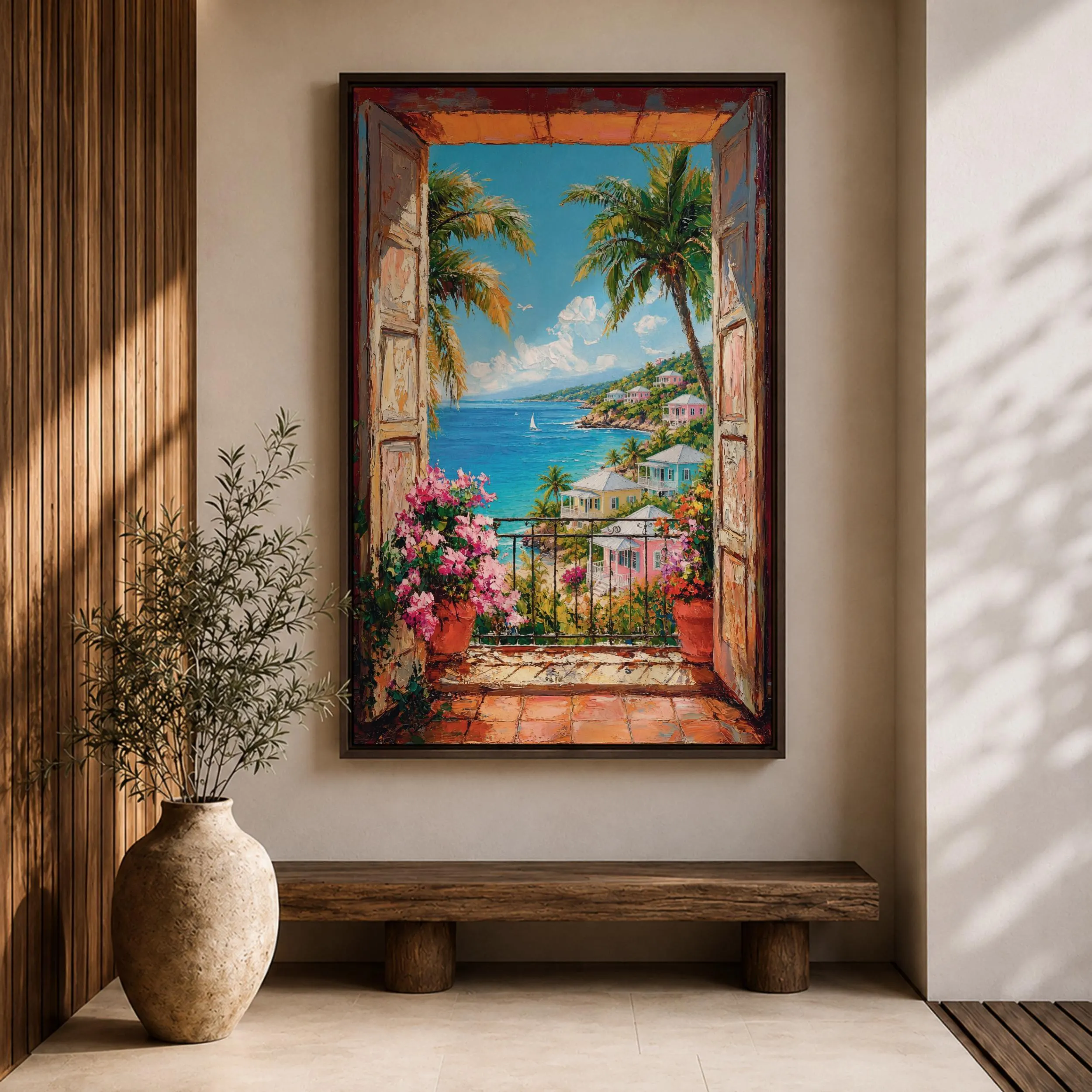 Tropical Coastal Canvas Print, Bahamas Ocean View Painting, Impressionist Beach House Wall Art