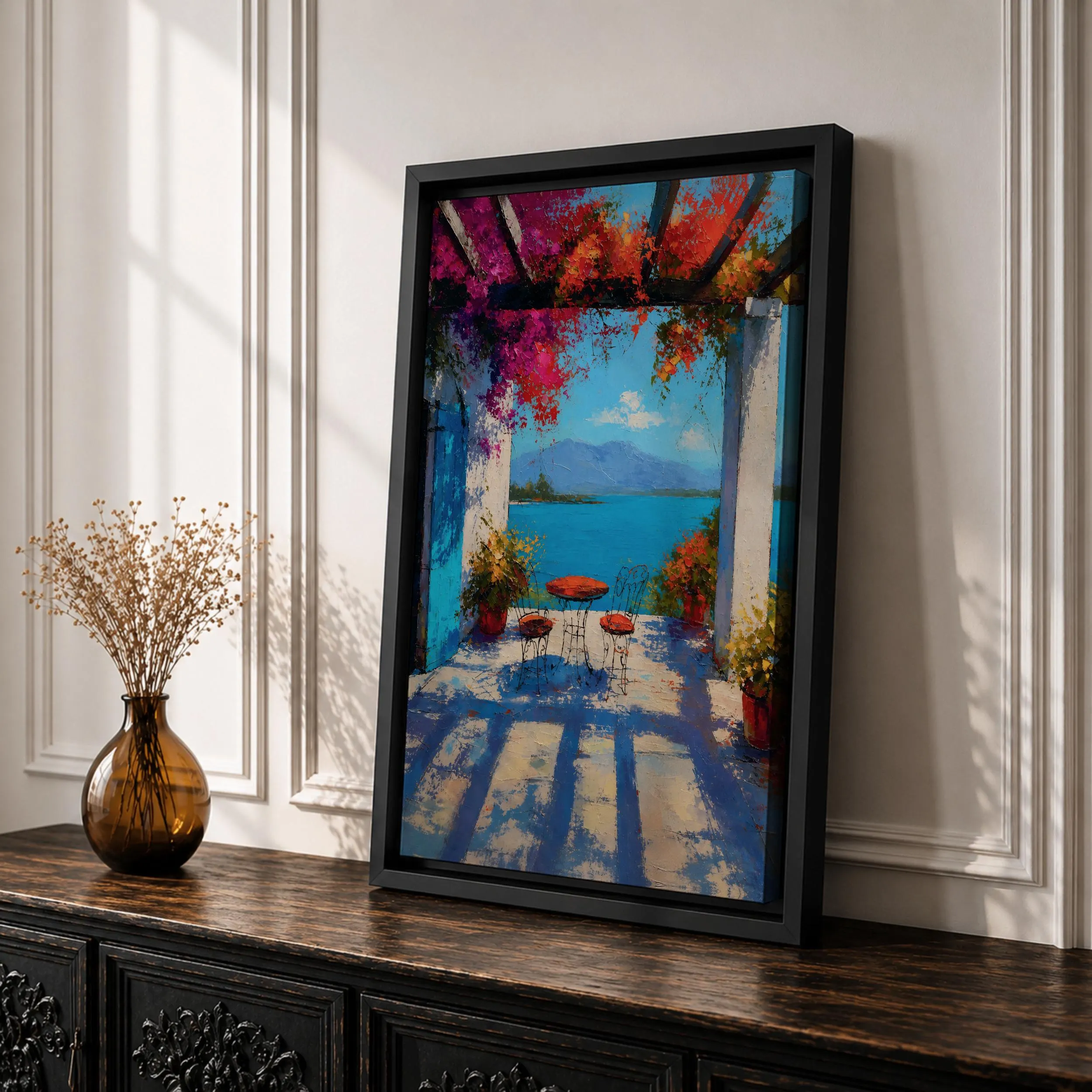 Mediterranean Terrace Canvas Print, Blue Sea View Painting, Bougainvillea Pergola Patio Wall Decor - image 4