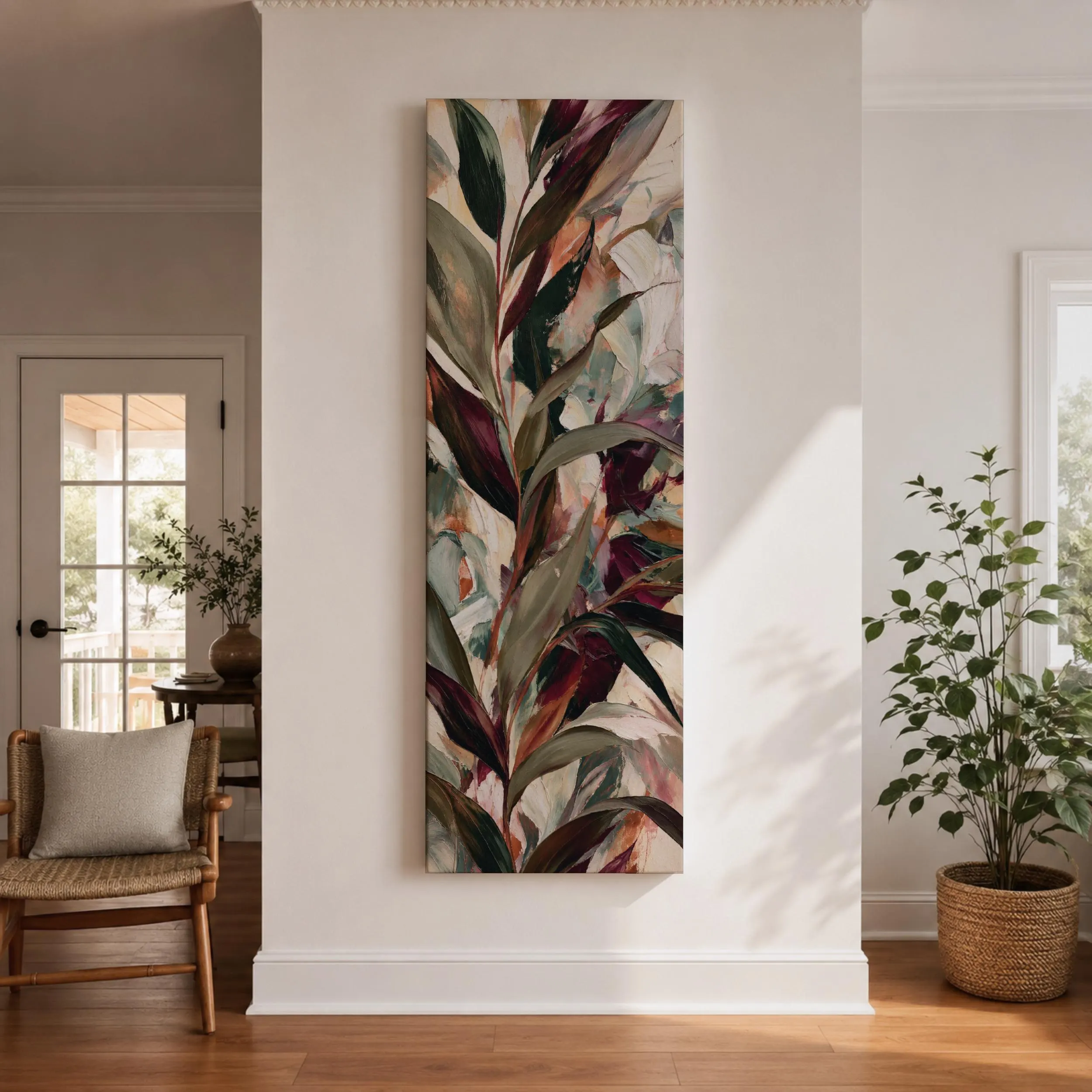 Tall narrow dark floral wall art featuring vibrant colorful flowers and botanical leaves on a black background. Modern vertical canvas print with a dramatic luxury style, perfect for bedroom, living room, hallway, and contemporary decor.
