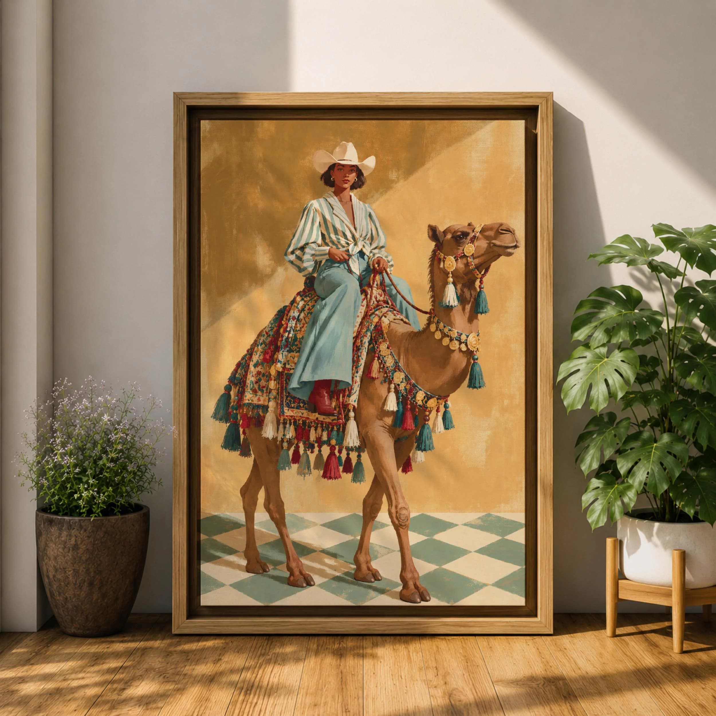 Cowgirl Riding Camel Canvas Print, Vintage Western Fashion Painting, Colorful Boho Desert Wall Art