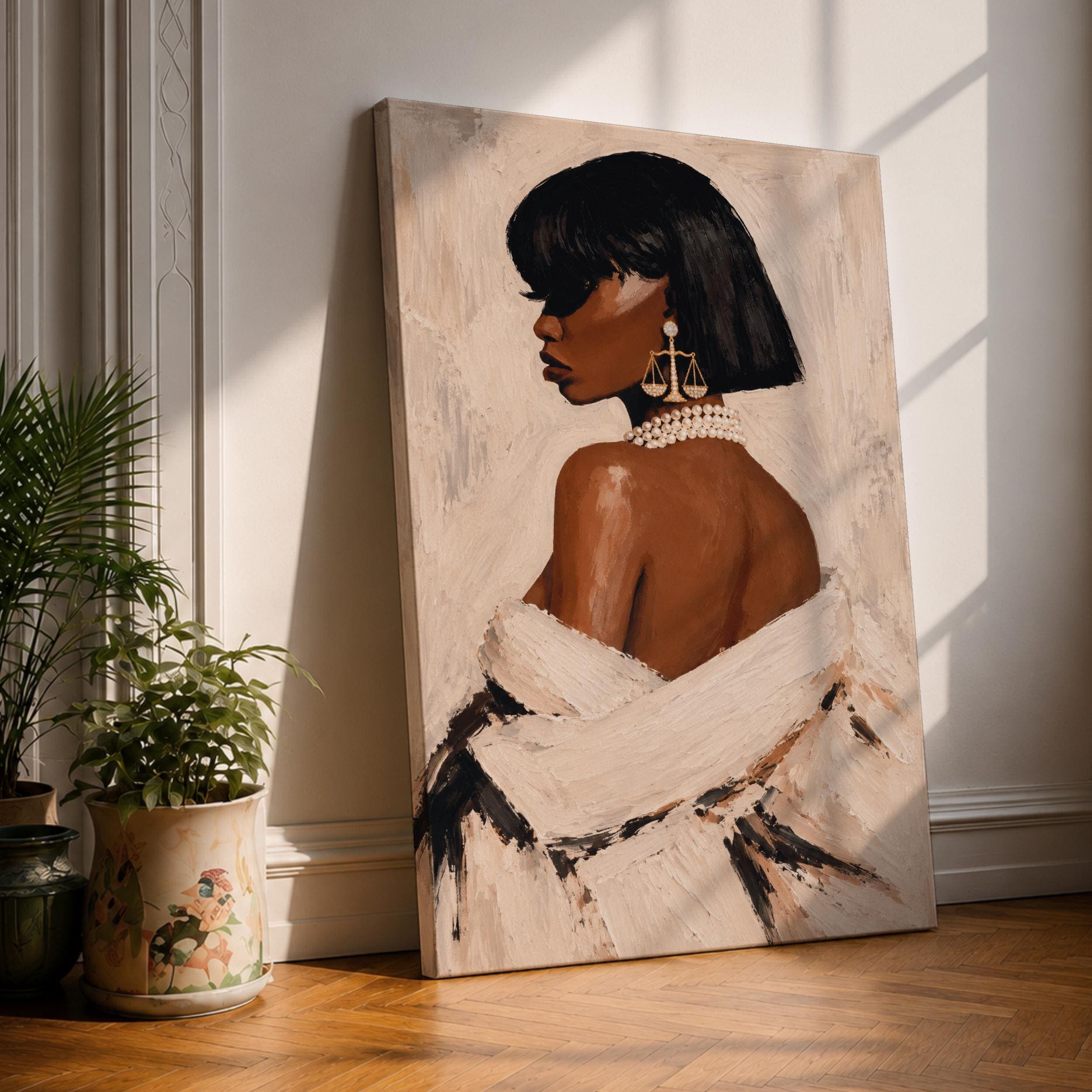 Black Lady Justice Canvas Print, Pearl Necklace Portrait, Gold Scales Earrings, Feminine Legal Painting
