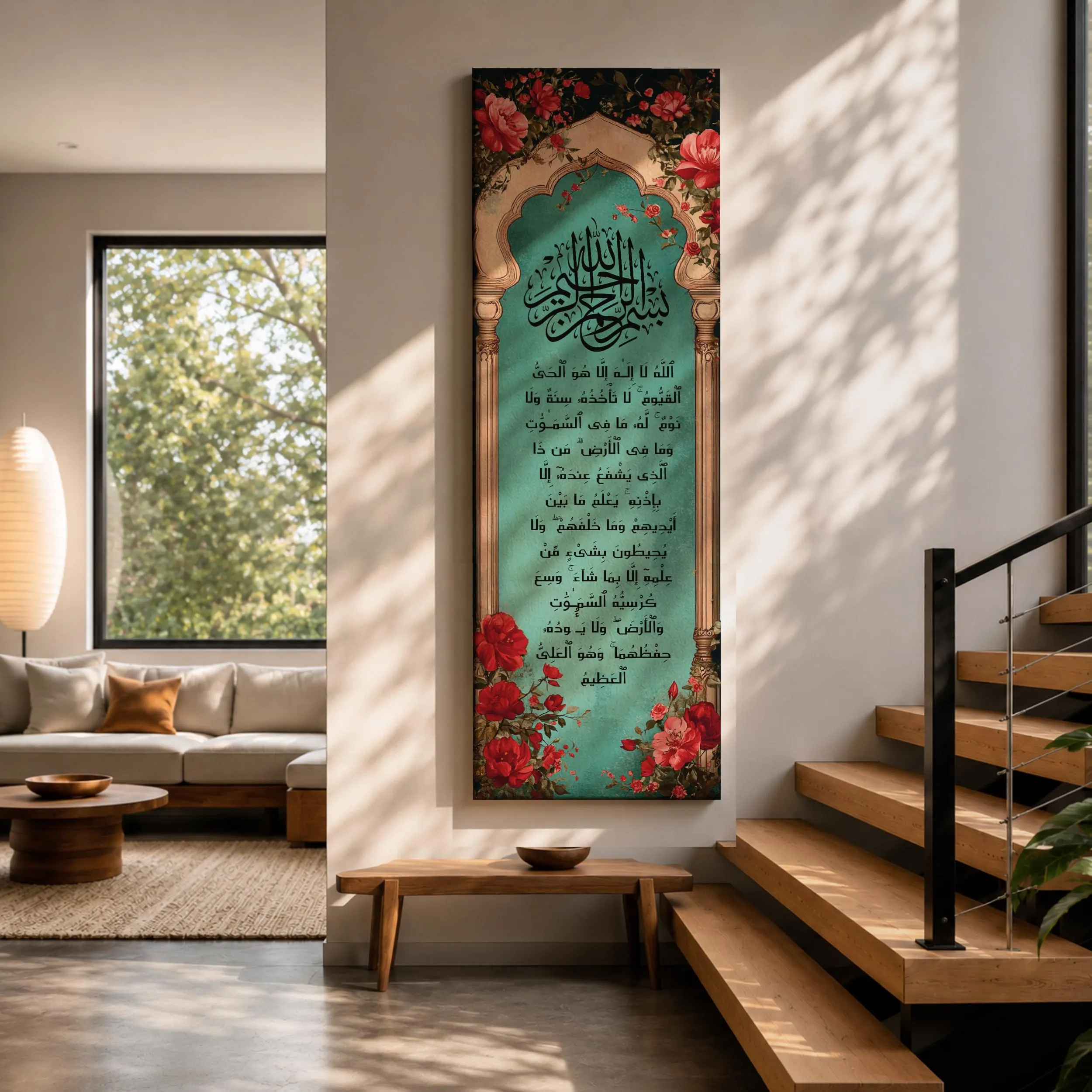 Tall narrow Kaaba wall art featuring the Holy Kaaba beneath a radiant golden celestial sky. Luxury Islamic canvas print with dramatic abstract light, black and gold tones for Muslim home decor and prayer spaces.