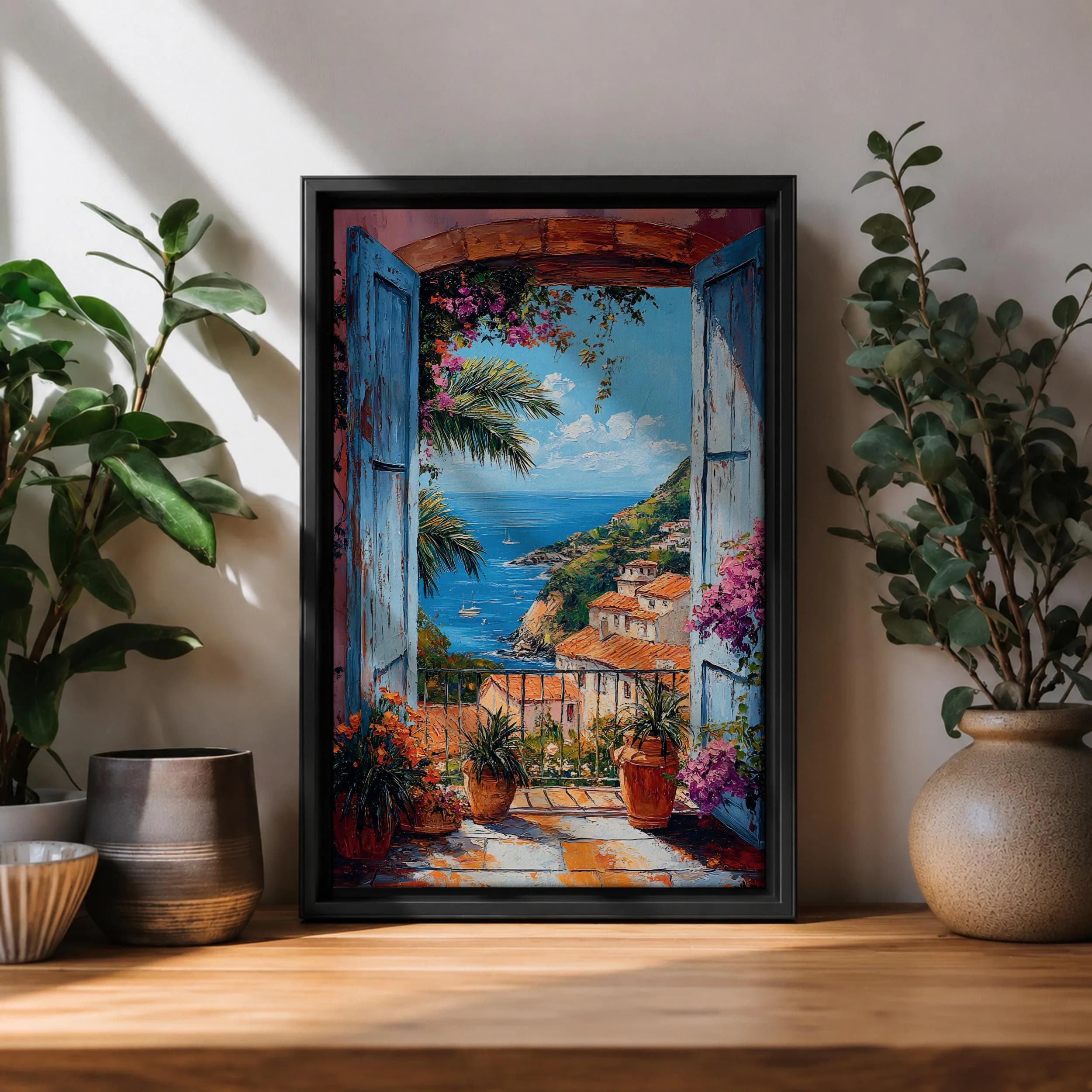 Amalfi Coast Canvas Print, Blue Italian Balcony Sea View Painting, Mediterranean Coastal Wall Decor