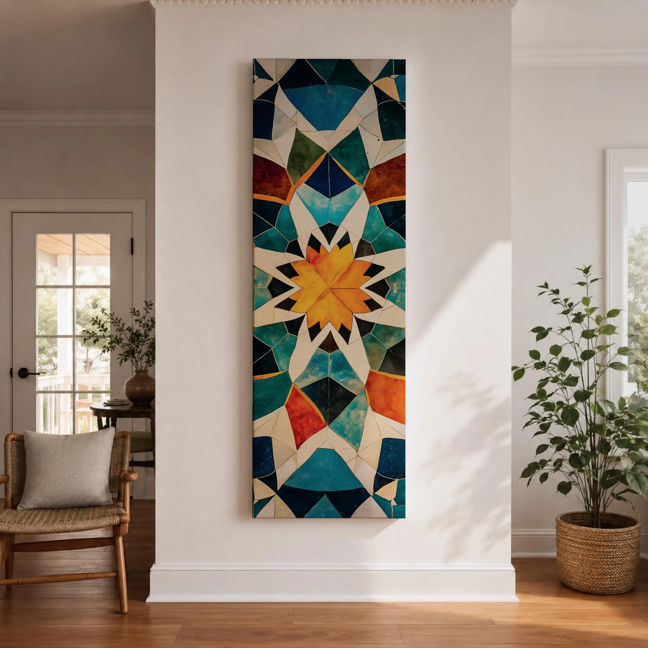 Tall Narrow Islamic Geometric Wall Art, Arabesque Mosaic Canvas Print, Moroccan Pattern Decor