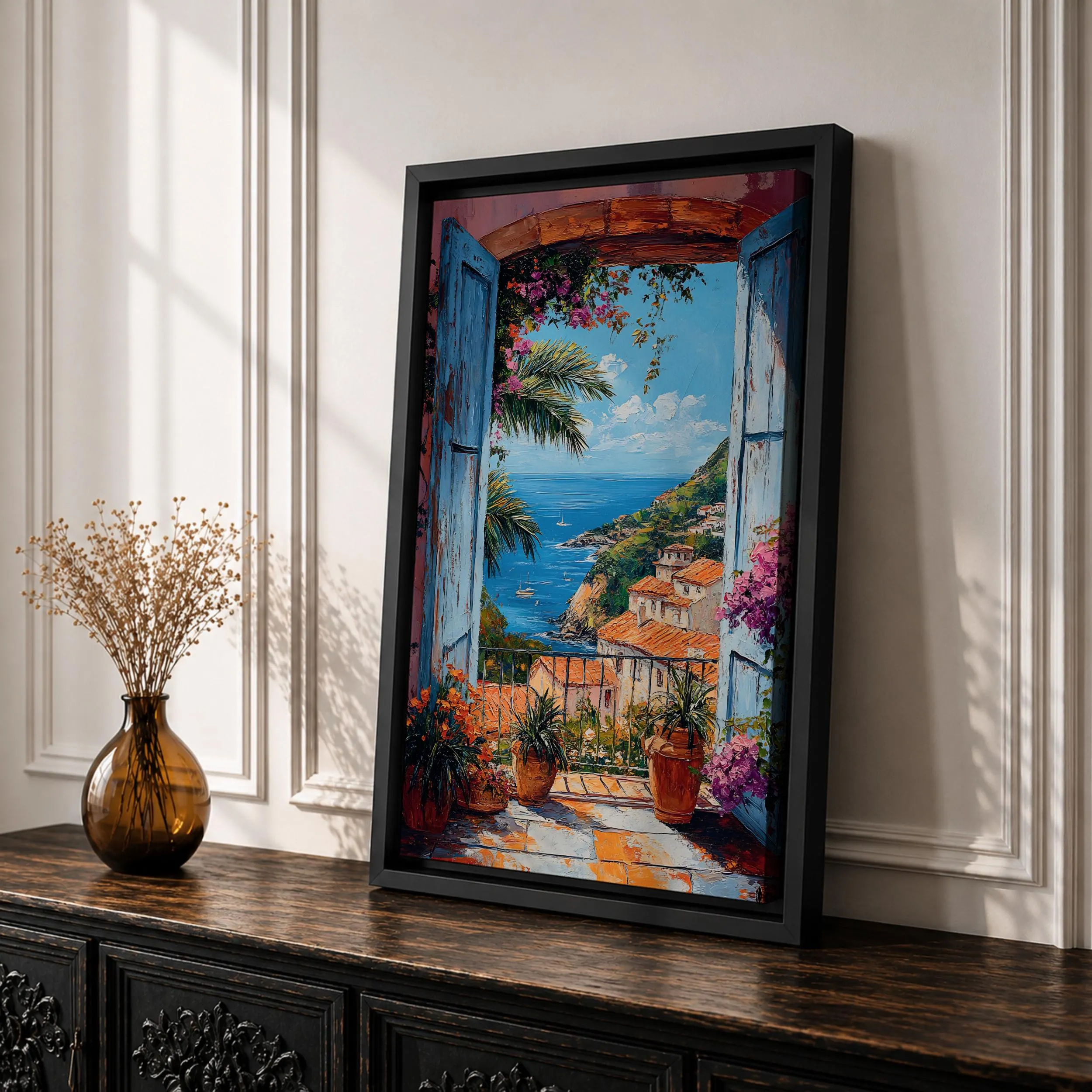 Amalfi Coast Canvas Print, Blue Italian Balcony Sea View Painting, Mediterranean Coastal Wall Decor - image 4