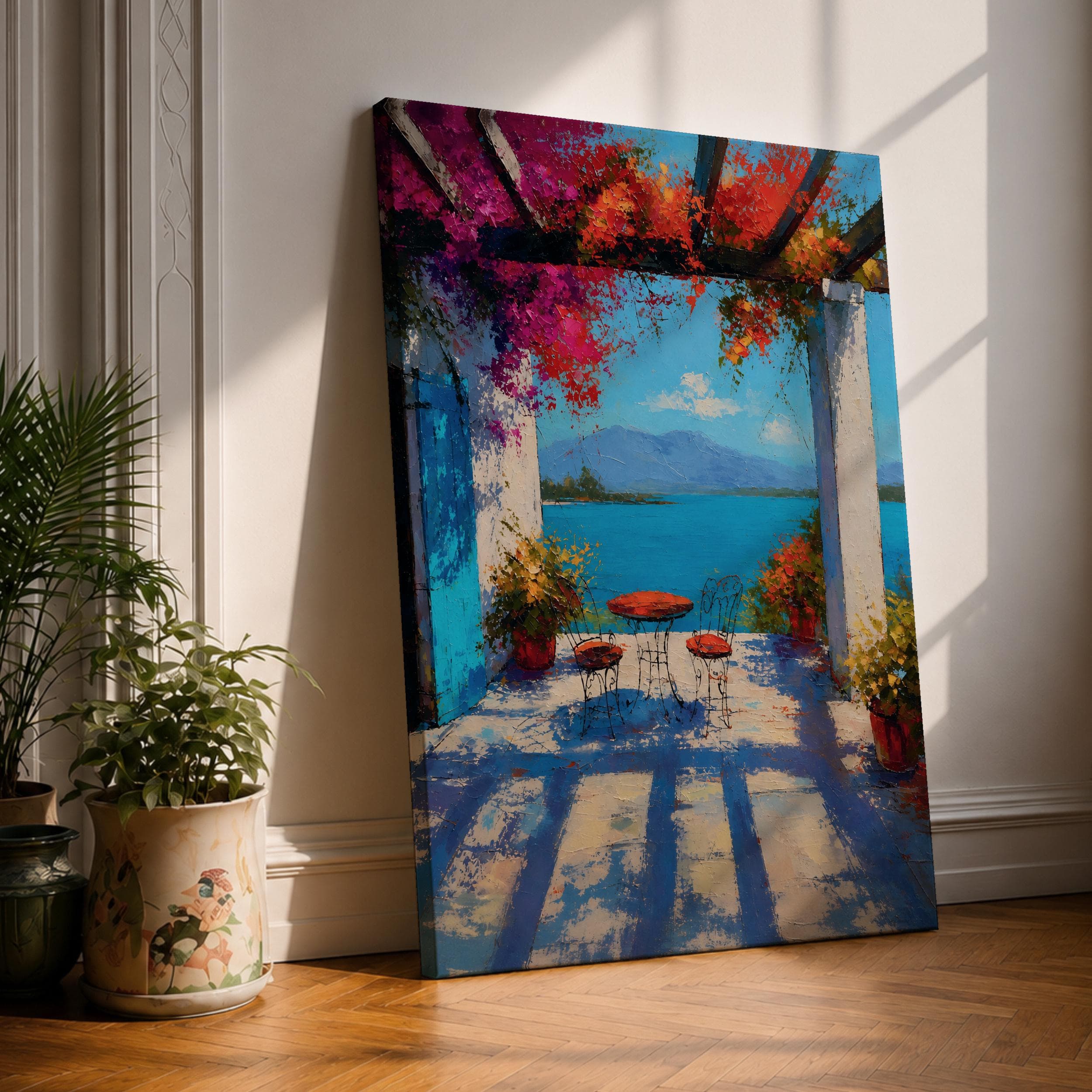 Mediterranean Terrace Canvas Print, Blue Sea View Painting, Bougainvillea Pergola Patio Wall Decor