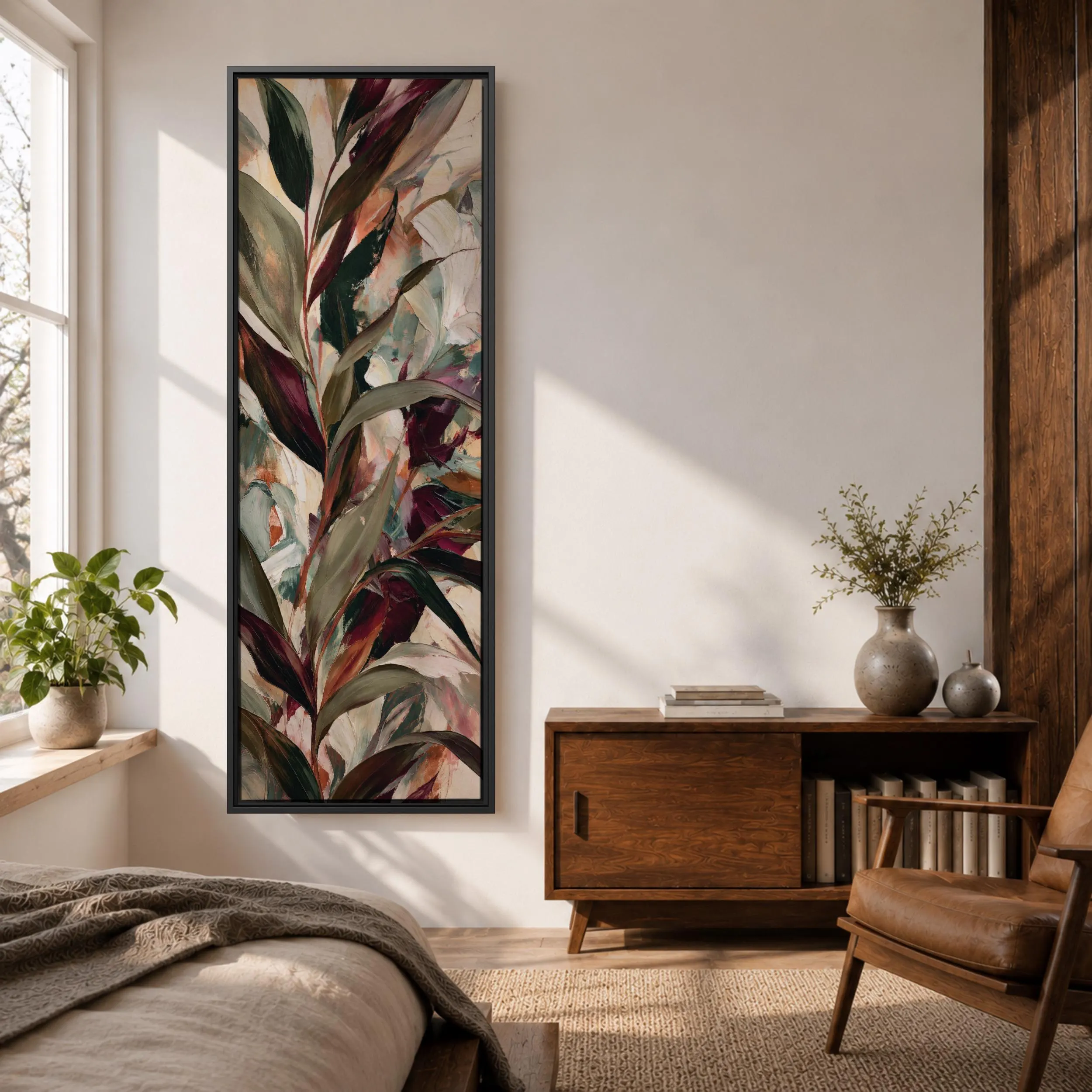 Abstract Botanical Canvas Print, Tall Narrow Tropical Leaf Painting, Burgundy Sage Green Wall Art