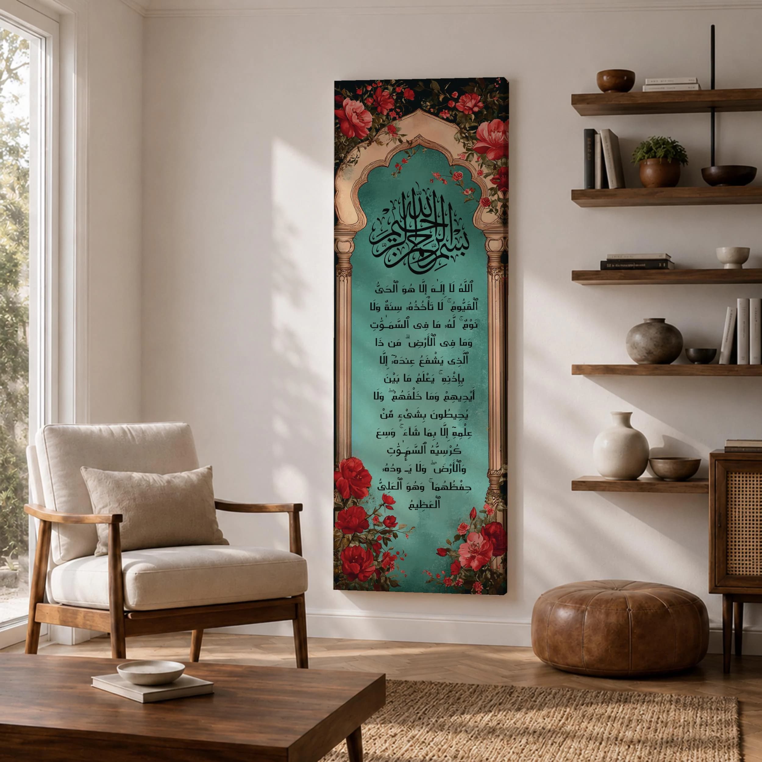 Tall narrow Kaaba wall art featuring the Holy Kaaba beneath a radiant golden celestial sky. Luxury Islamic canvas print with dramatic abstract light, black and gold tones for Muslim home decor and prayer spaces.
