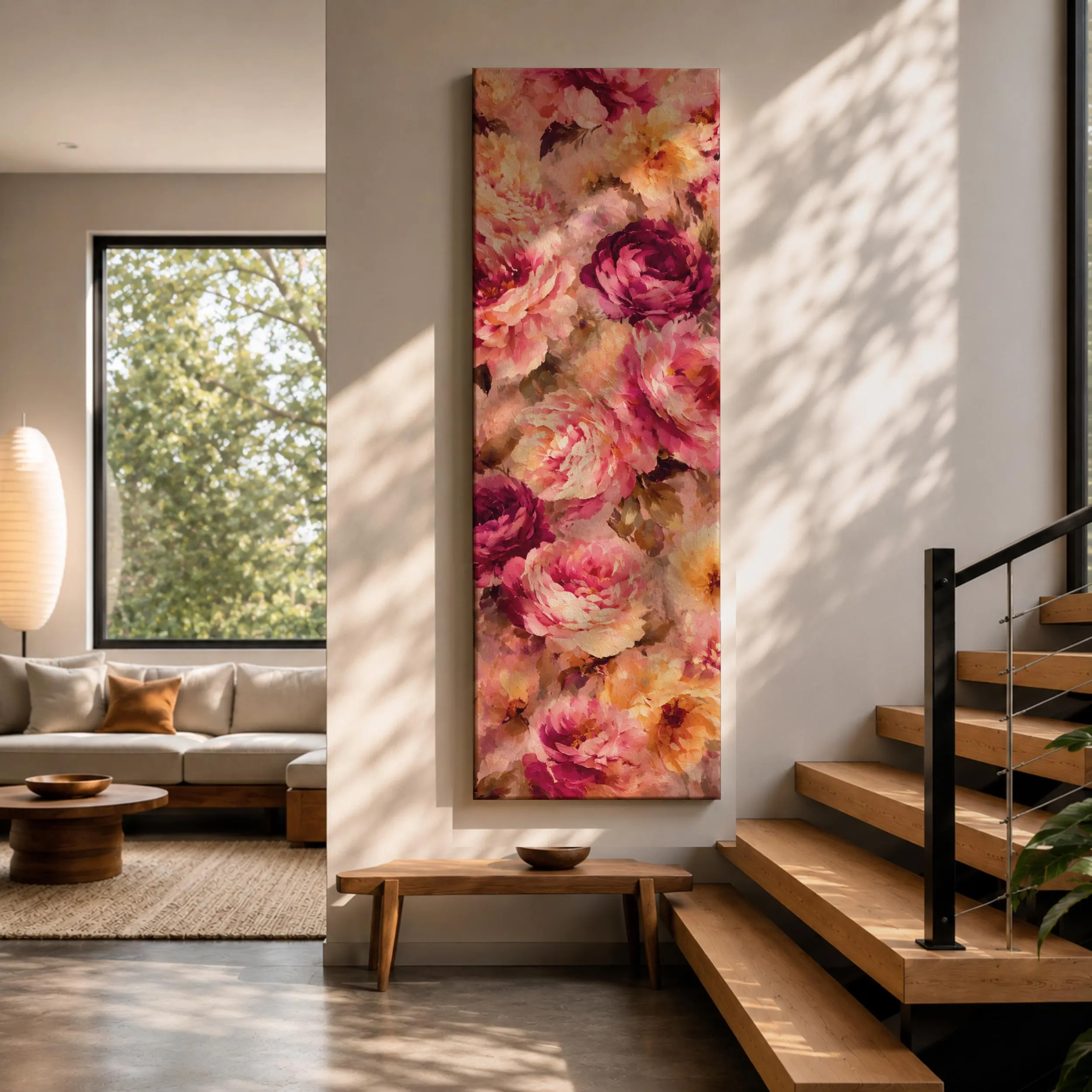 Pink Peony Canvas Print, Tall Narrow Floral Wall Art, Romantic Impressionist Flower Painting