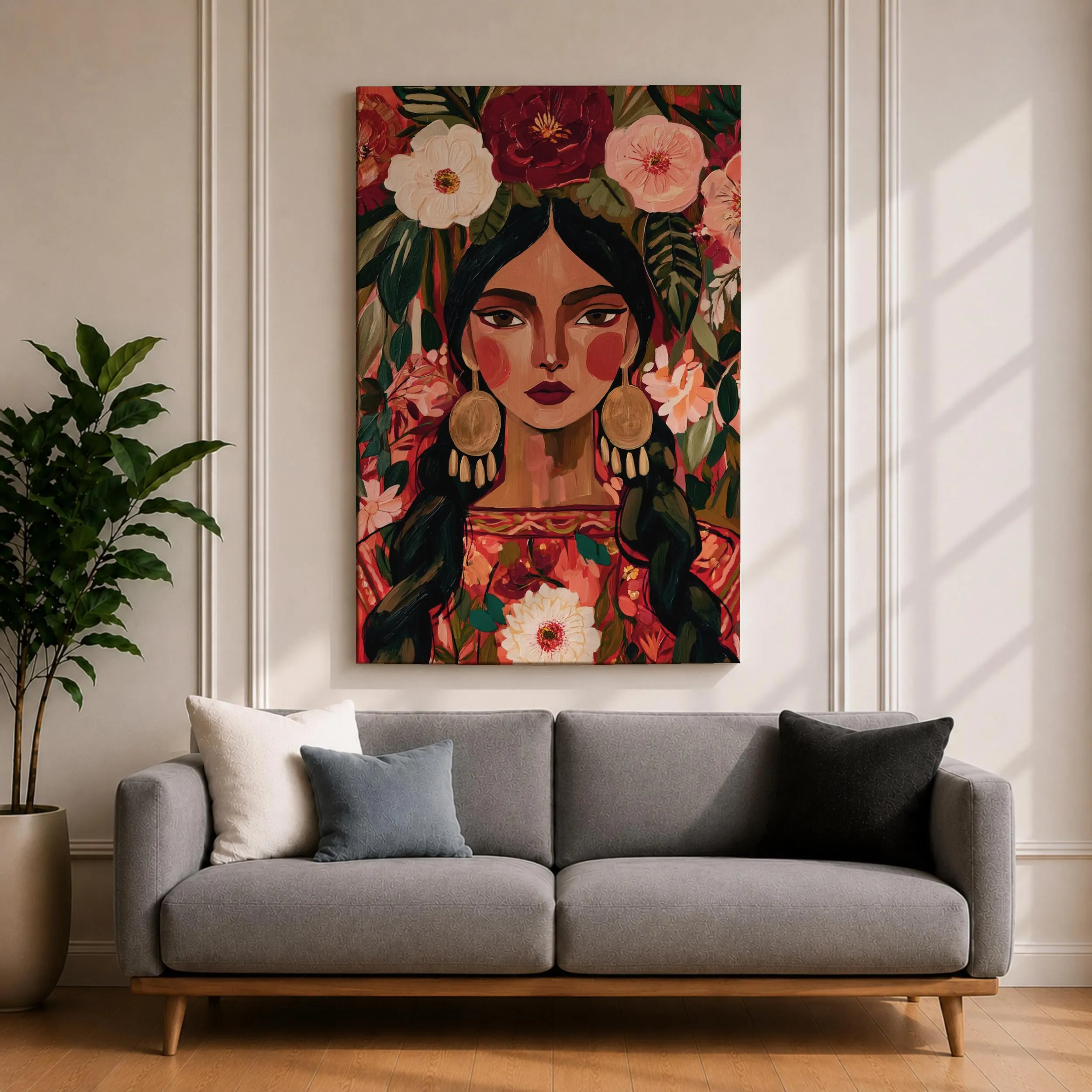 Mexican Woman Canvas Print, Floral Folk Art Portrait, Colorful Latina Painting, Bohemian Wall Decor - image 3