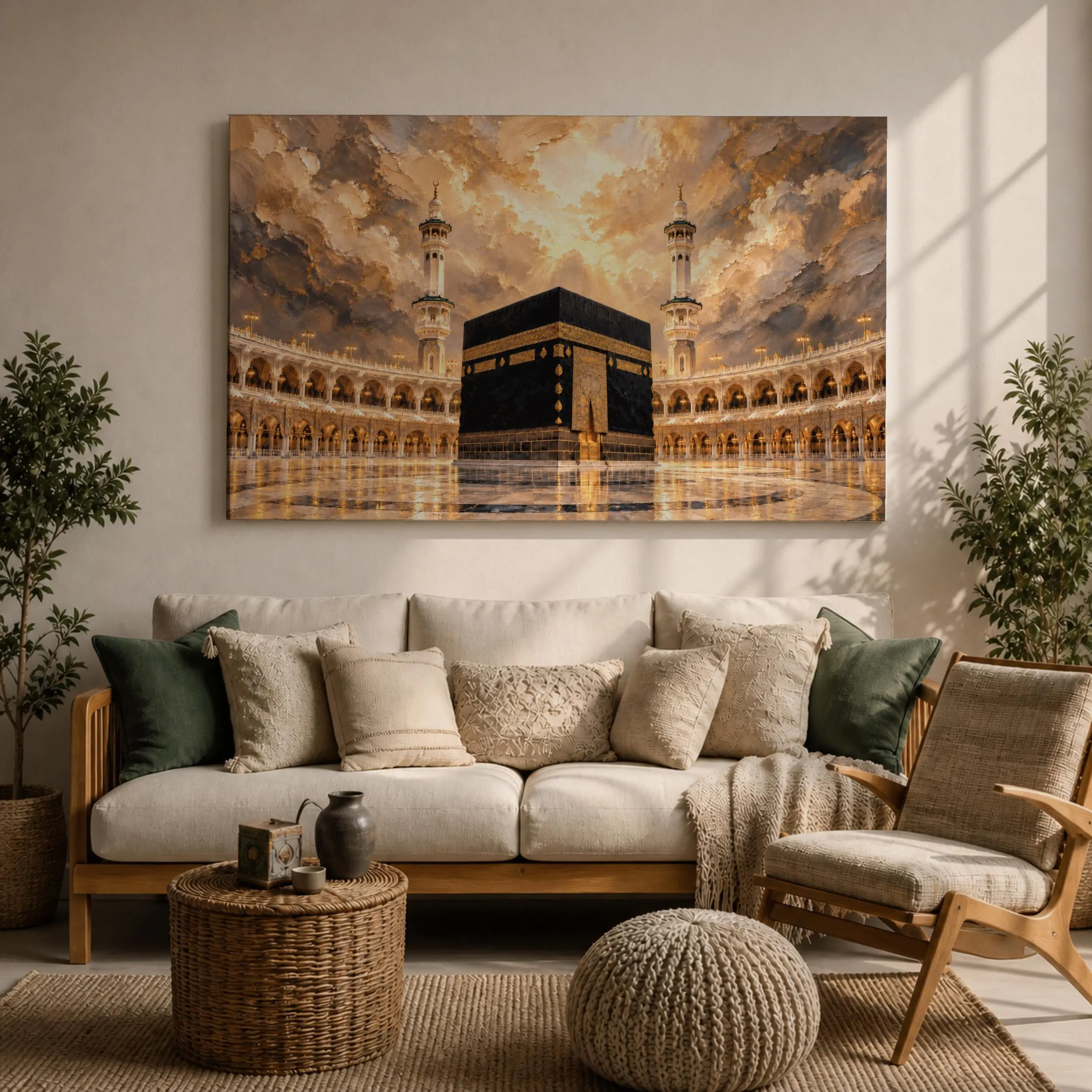 Kaaba Canvas Print, Panoramic Masjid Al Haram Painting, Golden Impasto Islamic Wall Art