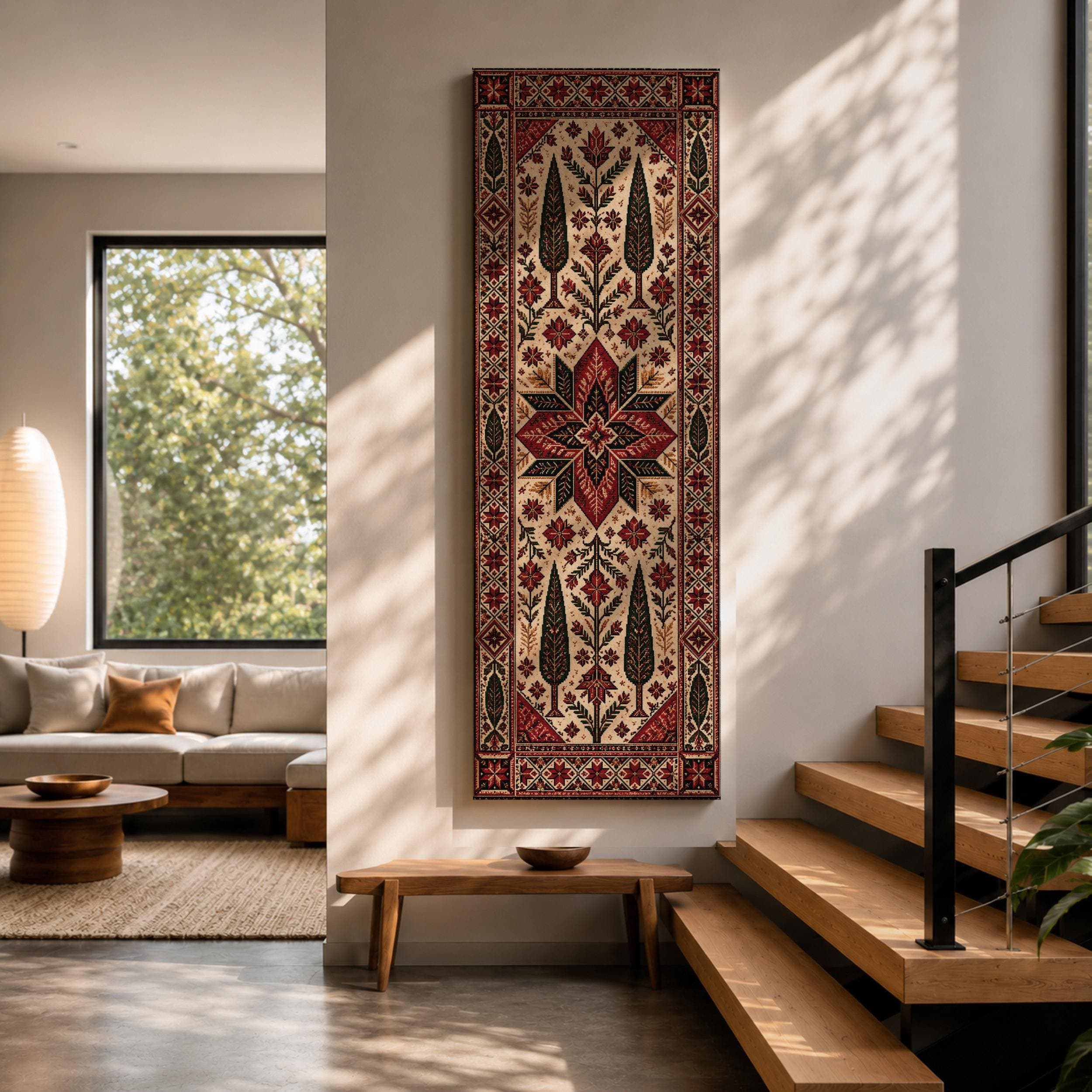 Tall narrow Kaaba wall art featuring the Holy Kaaba surrounded by dramatic gold and teal abstract artistic tones. Luxury Islamic canvas print with a spiritual atmosphere for prayer room, living room, and Muslim home decor.