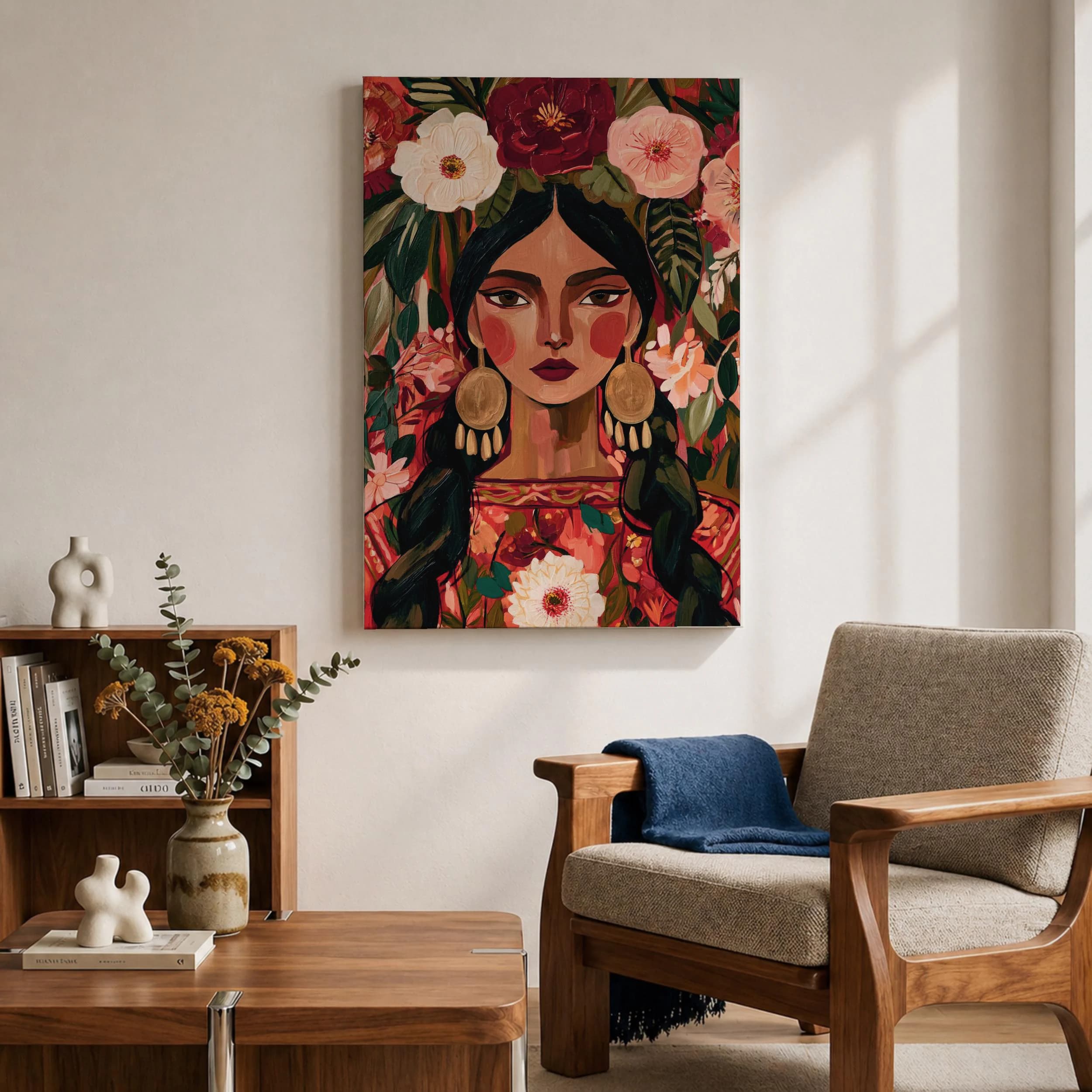 Mexican Woman Canvas Print, Floral Folk Art Portrait, Colorful Latina Painting, Bohemian Wall Decor - image 5