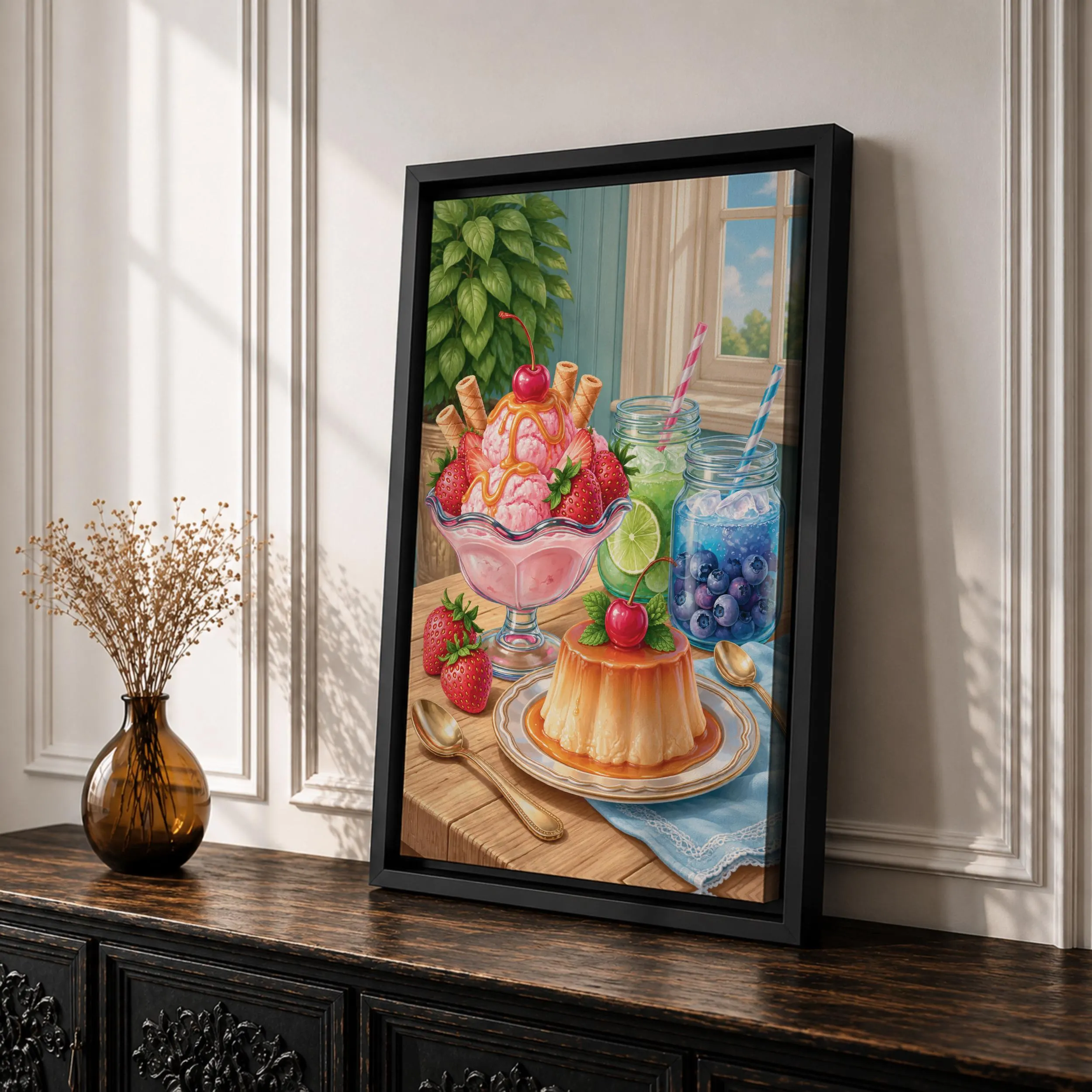 Strawberry Sundae Canvas Print, Caramel Flan Still Life Painting, Colorful Dessert Kitchen Wall Decor - image 4