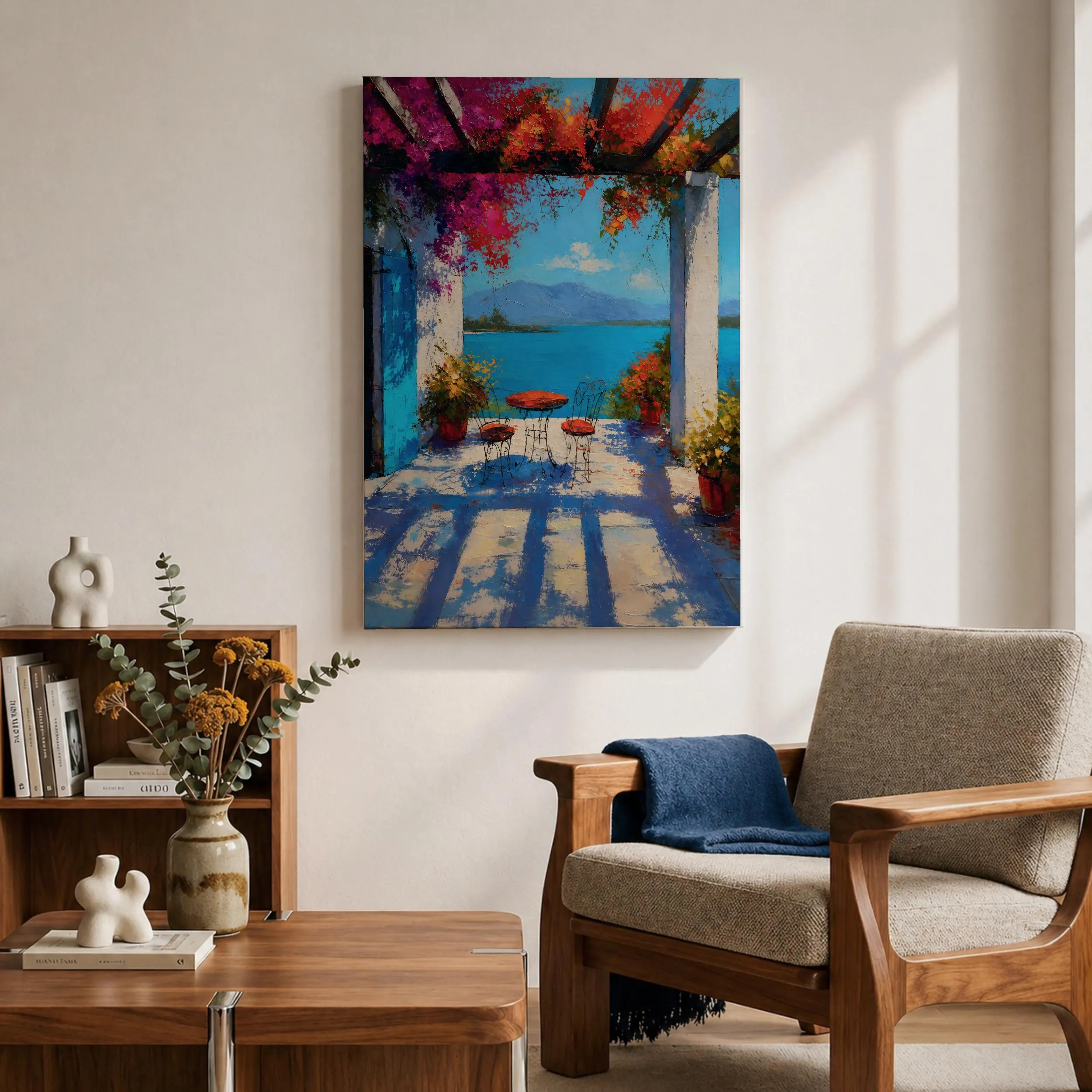 Mediterranean Terrace Canvas Print, Blue Sea View Painting, Bougainvillea Pergola Patio Wall Decor - image 5