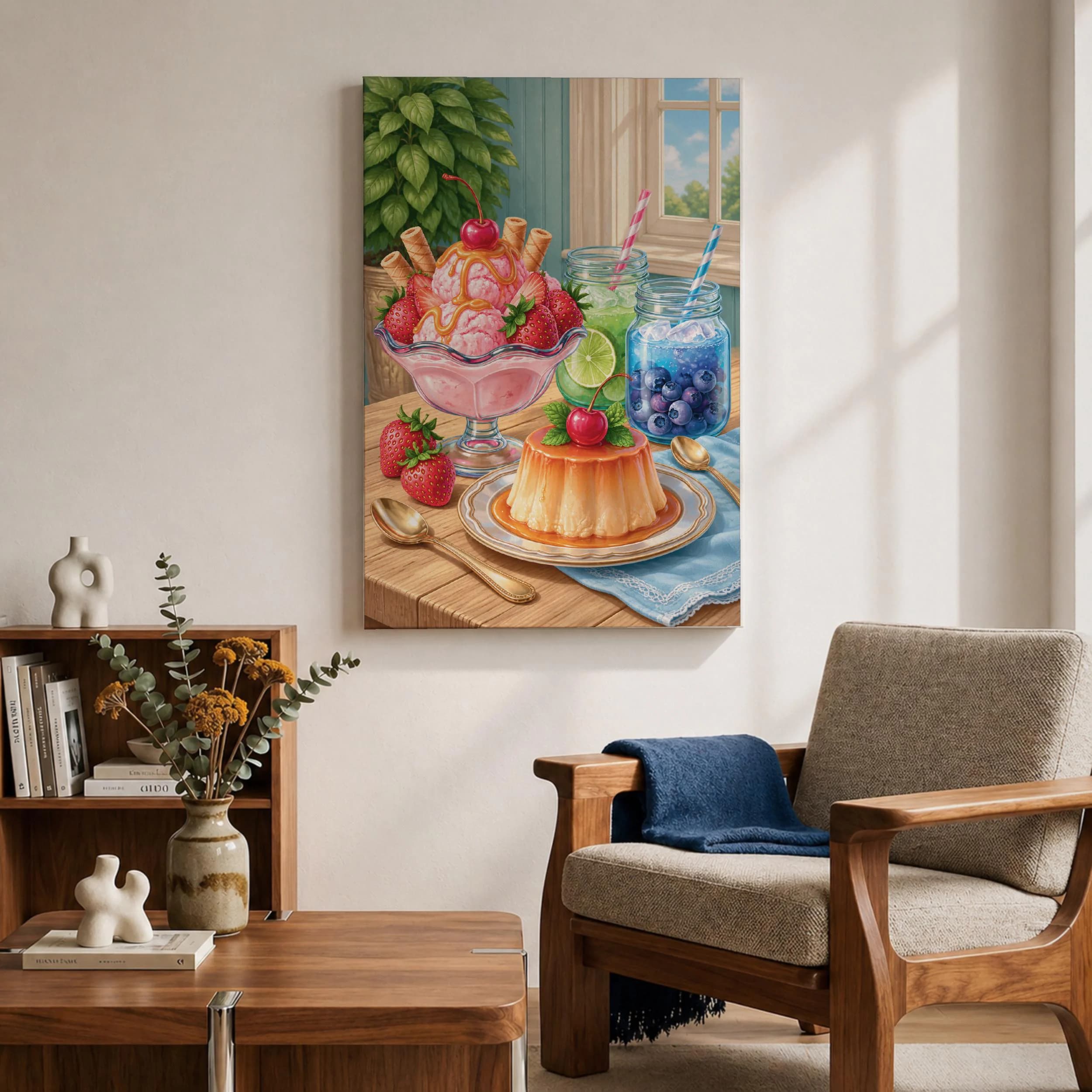 Strawberry Sundae Canvas Print, Caramel Flan Still Life Painting, Colorful Dessert Kitchen Wall Decor - image 5