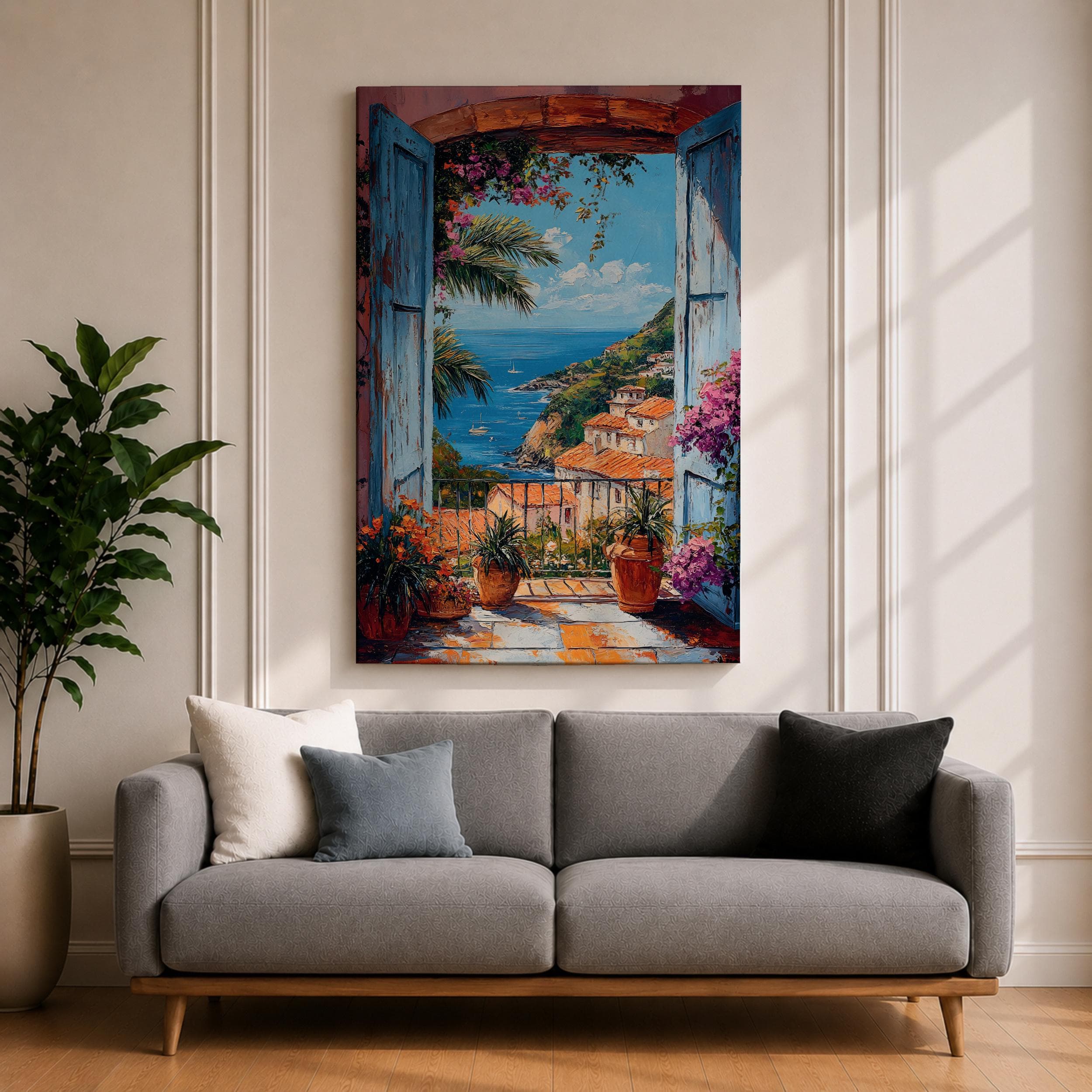 Amalfi Coast Canvas Print, Blue Italian Balcony Sea View Painting, Mediterranean Coastal Wall Decor - image 3