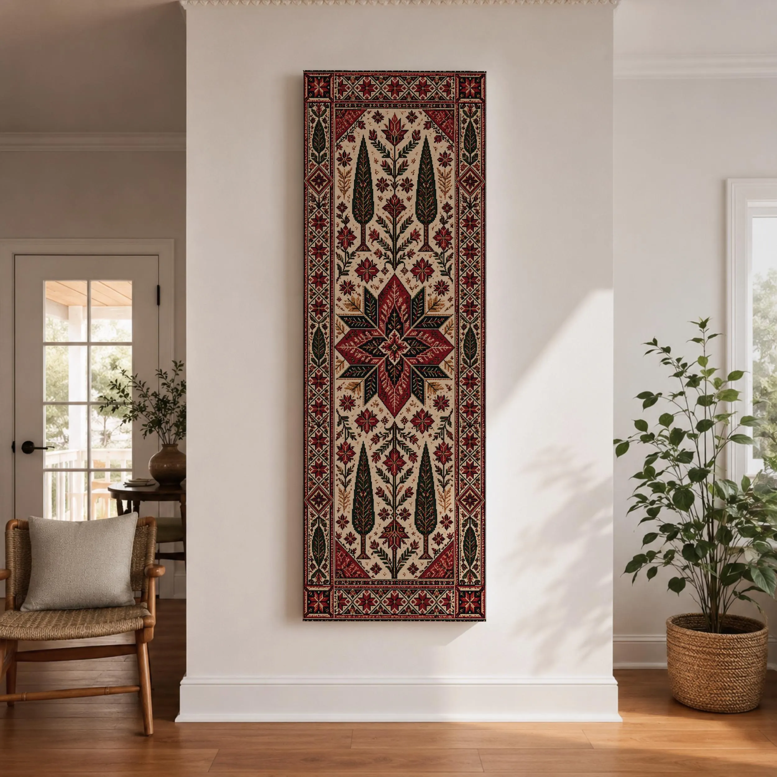 Tall narrow Kaaba wall art featuring the Holy Kaaba surrounded by dramatic gold and teal abstract artistic tones. Luxury Islamic canvas print with a spiritual atmosphere for prayer room, living room, and Muslim home decor.