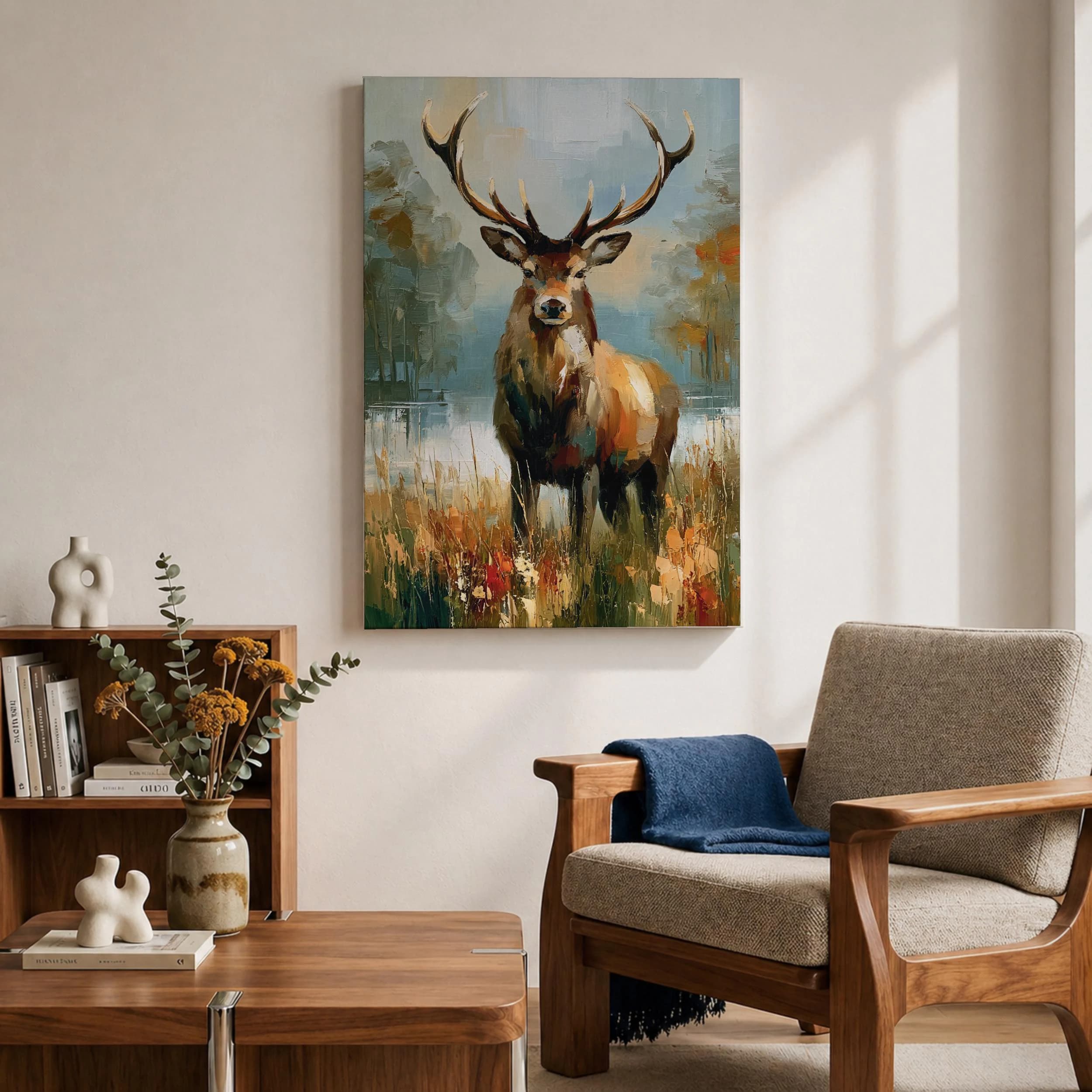 Stag Canvas Print, Expressive Deer Painting, Autumn Woodland Wall Art, Sage Green Rustic Decor - image 5