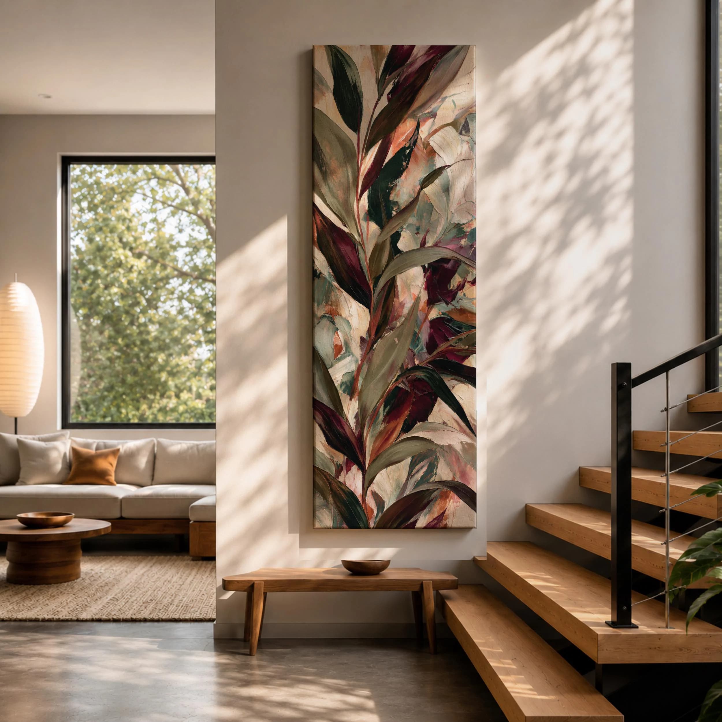 Tall narrow dark floral wall art featuring vibrant colorful flowers and botanical leaves on a black background. Modern vertical canvas print with a dramatic luxury style, perfect for bedroom, living room, hallway, and contemporary decor.