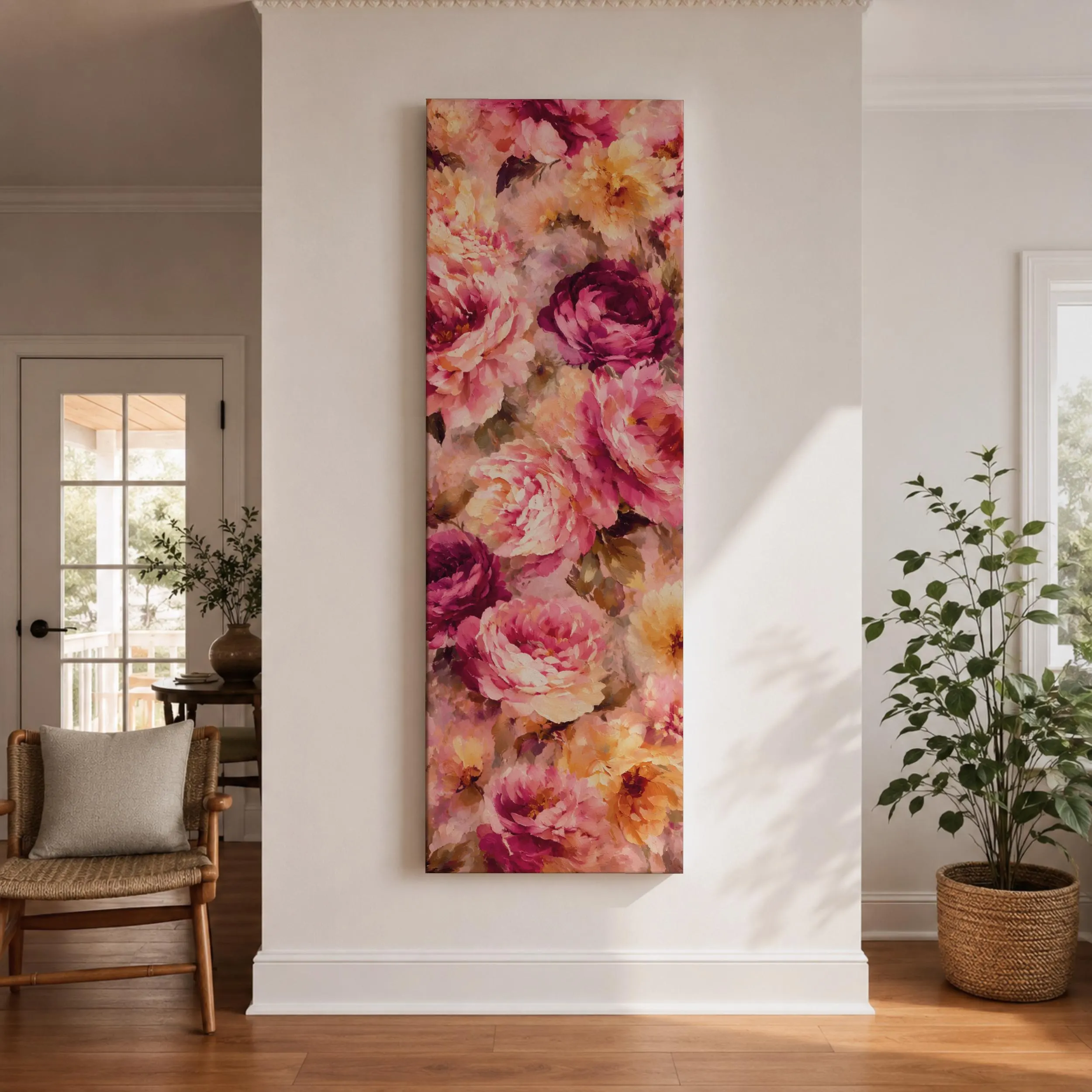 Tall narrow heart tree wall art featuring colorful heart-shaped blossoms on a blue background. Romantic vertical canvas print with a whimsical love tree design, perfect for bedroom, anniversary, couple, and home decor.