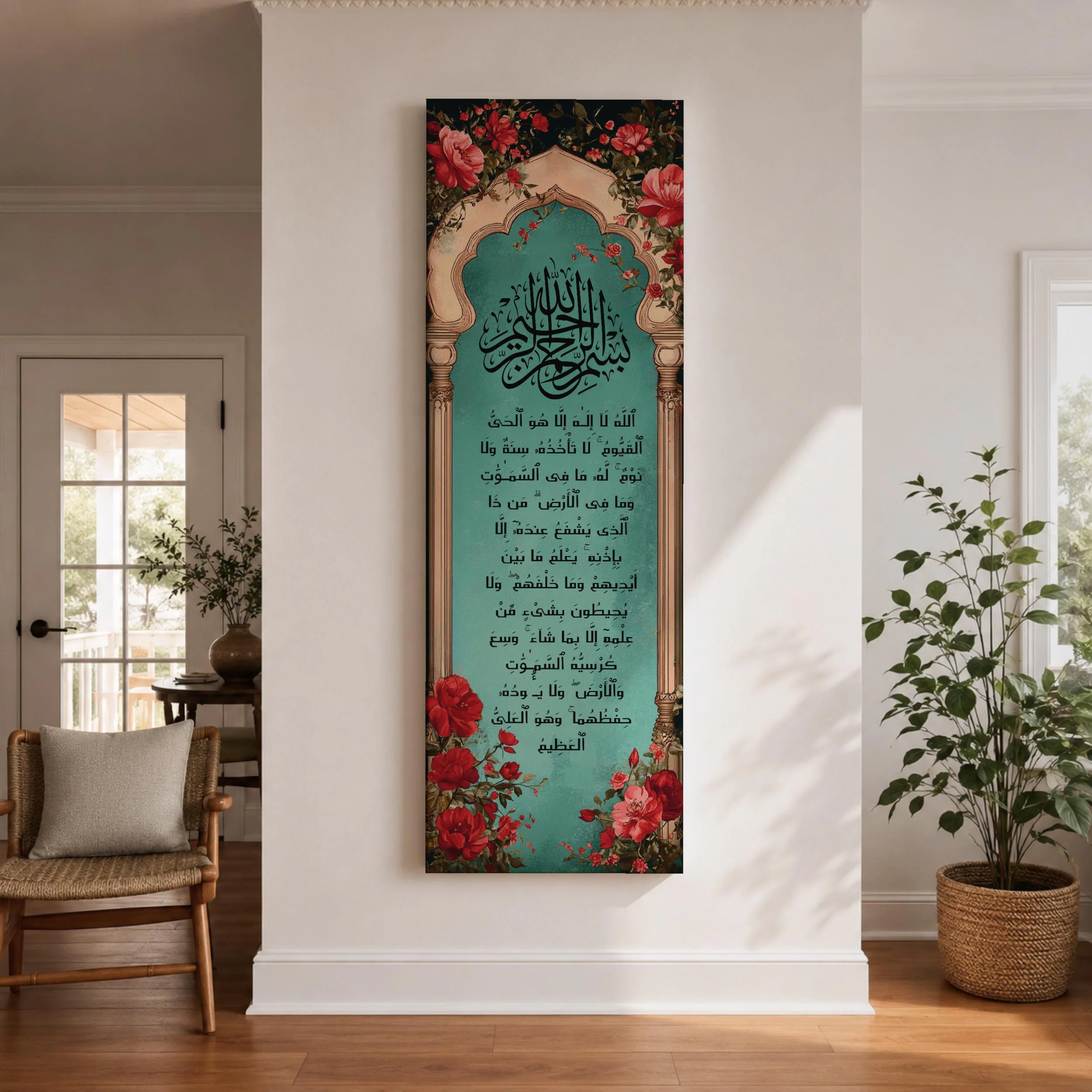 Tall narrow Kaaba wall art featuring the Holy Kaaba beneath a radiant golden celestial sky. Luxury Islamic canvas print with dramatic abstract light, black and gold tones for Muslim home decor and prayer spaces.