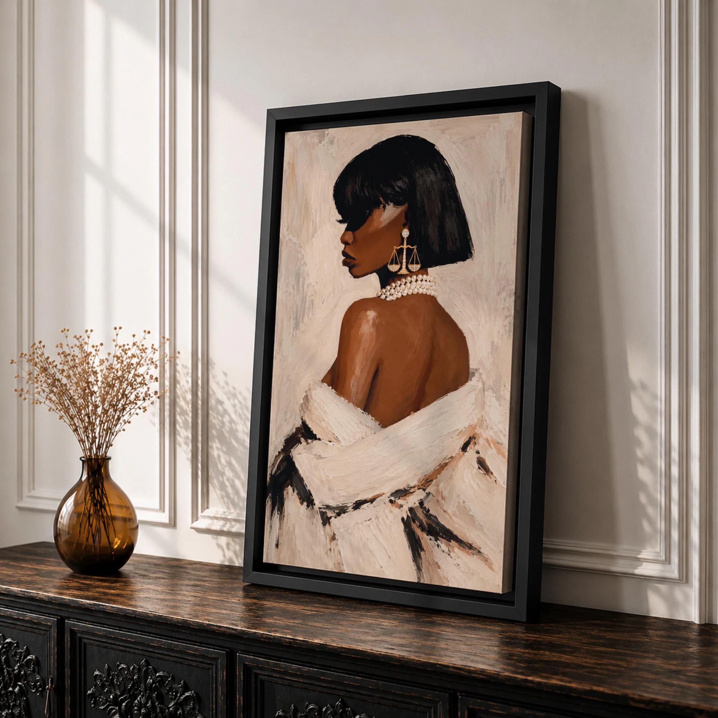 Black Lady Justice Canvas Print, Pearl Necklace Portrait, Gold Scales Earrings, Feminine Legal Painting - image 4