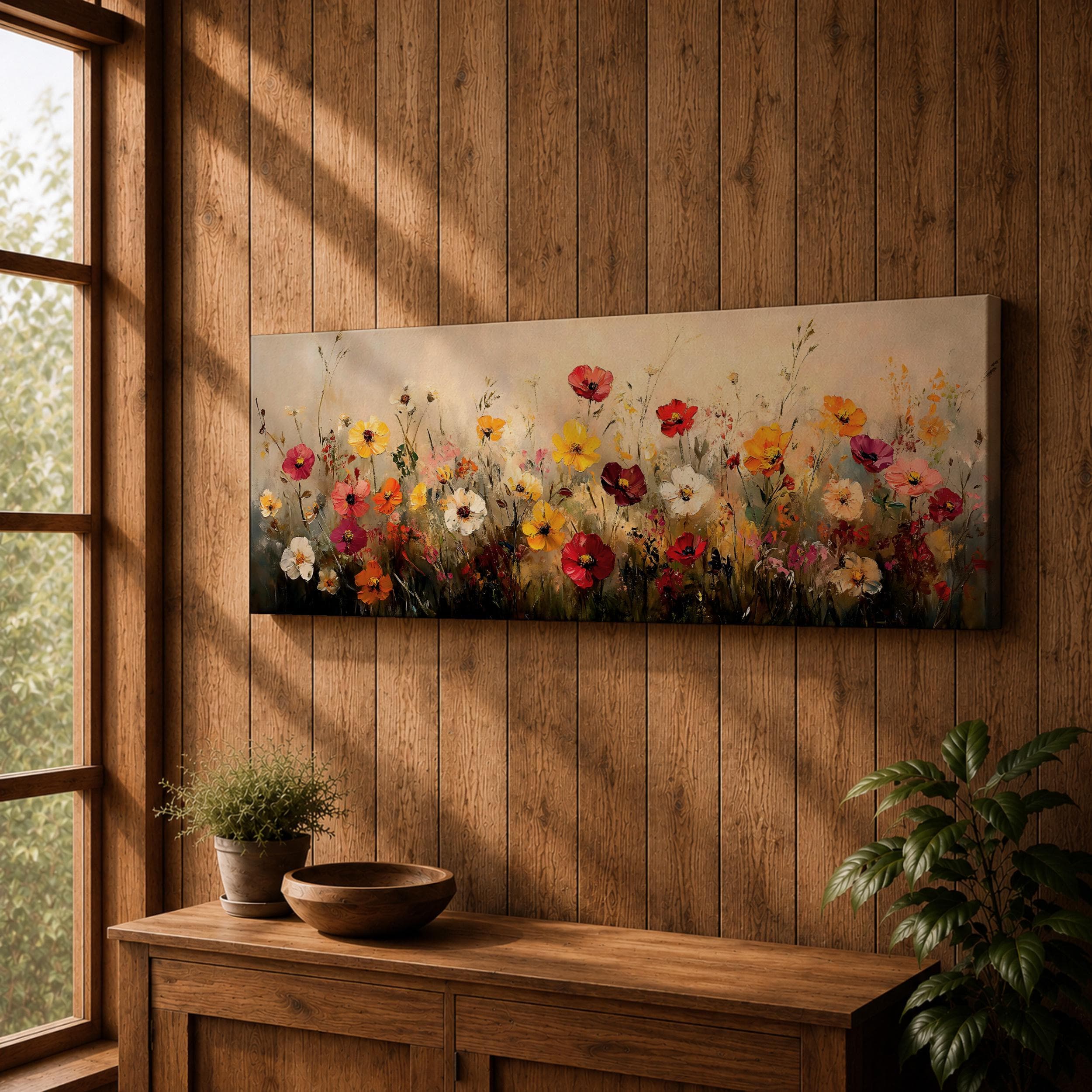 Long Horizontal Wildflower Meadow Canvas, Poppy Field Wall Art, Rustic Floral Landscape Decor - image 5