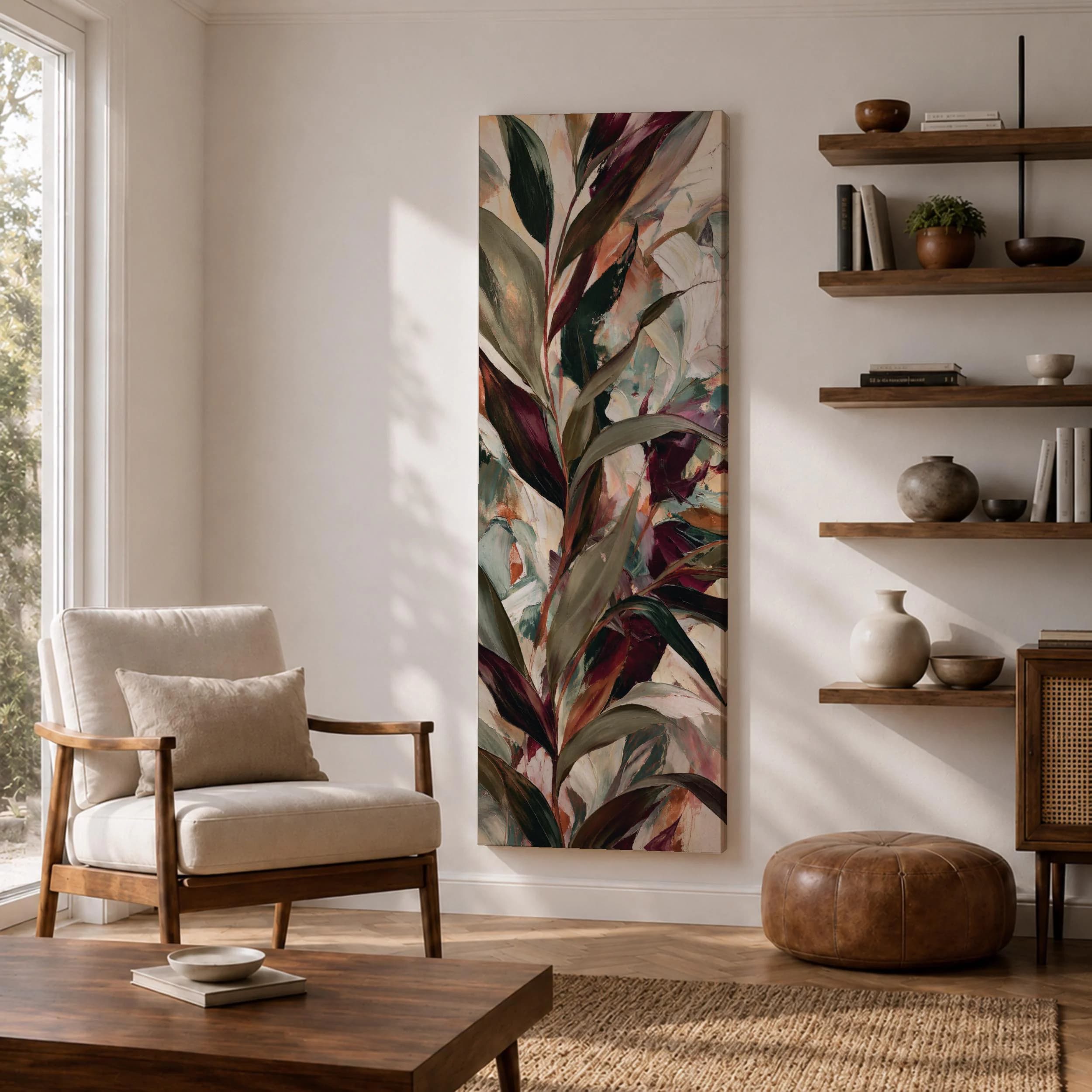 Tall narrow dark floral wall art featuring vibrant colorful flowers and botanical leaves on a black background. Modern vertical canvas print with a dramatic luxury style, perfect for bedroom, living room, hallway, and contemporary decor.