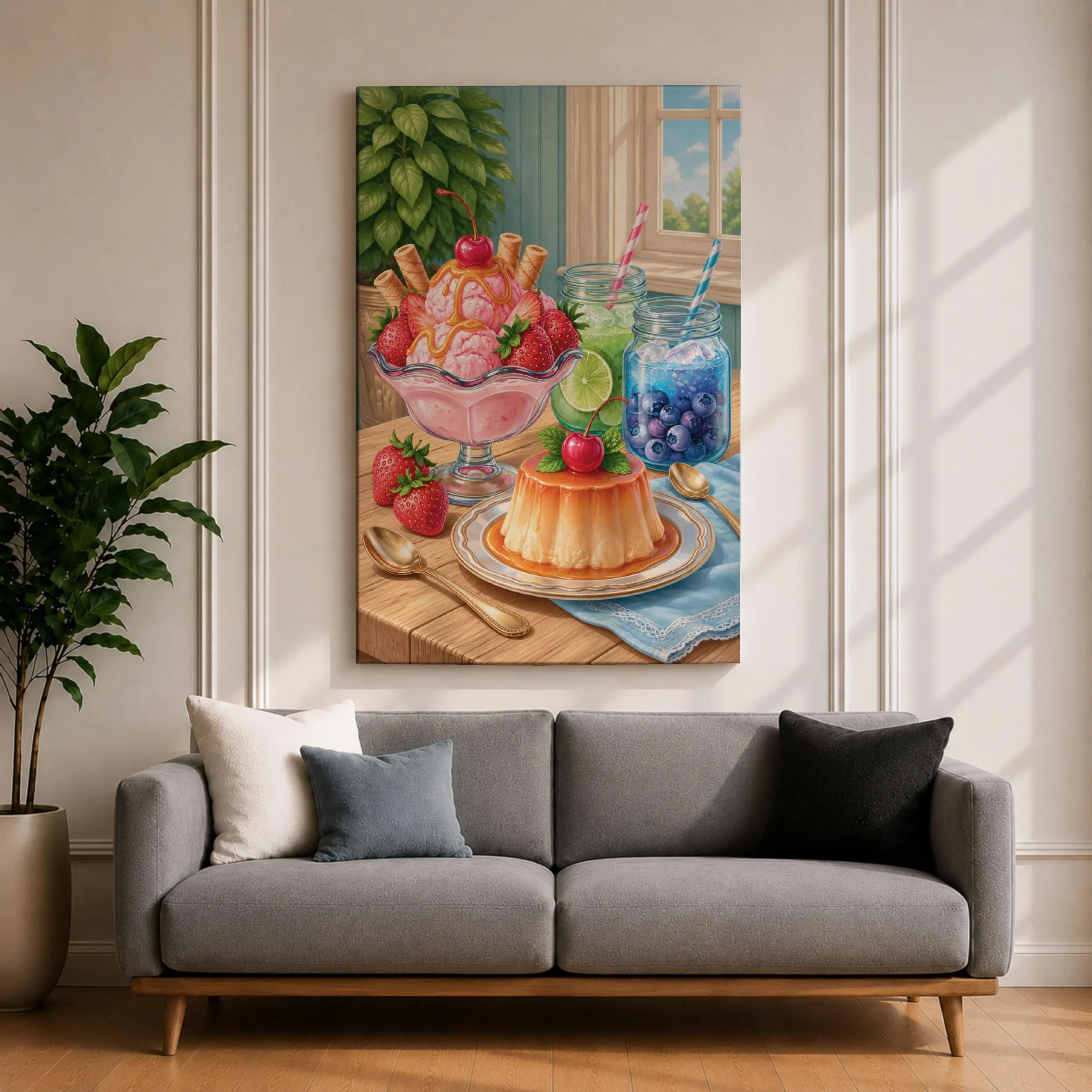 Strawberry Sundae Canvas Print, Caramel Flan Still Life Painting, Colorful Dessert Kitchen Wall Decor - image 3