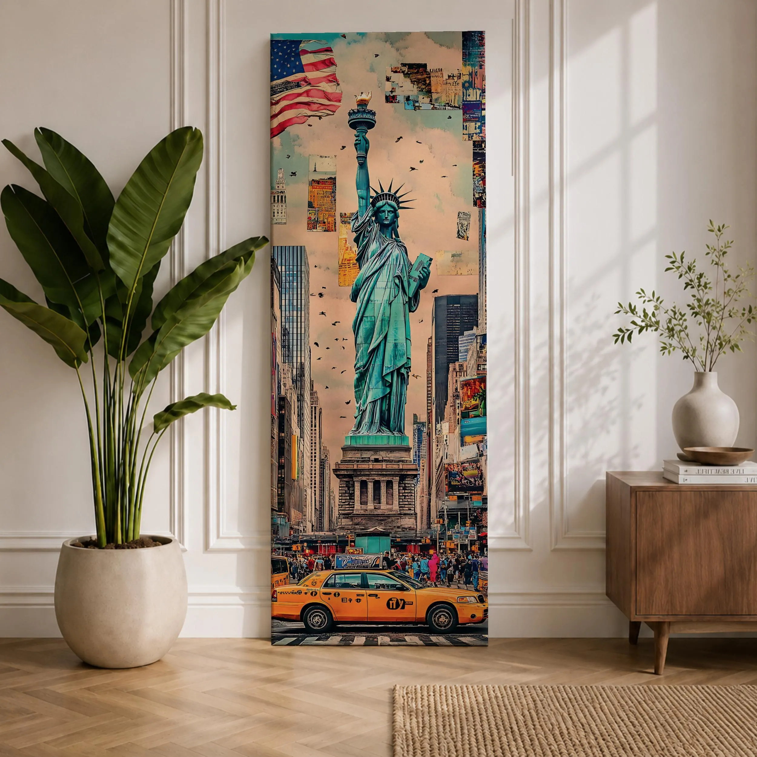 Tall vertical urban artwork depicting the Statue of Liberty rising above a New York City street scene with yellow taxi cabs, American flag, and surrounding skyscrapers. The composition blends collage textures and watercolor tones with the statue centered prominently against layered city buildings.