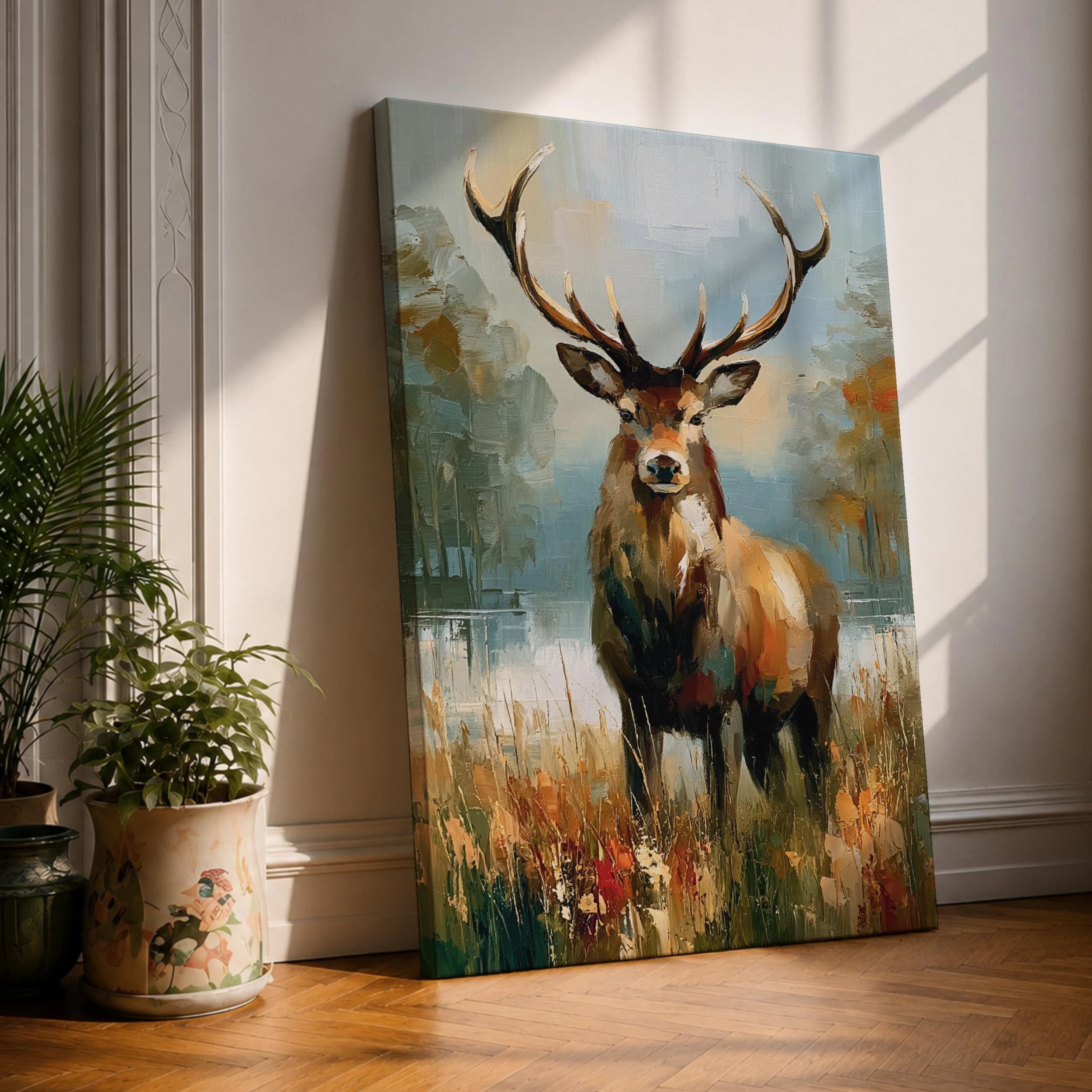Stag Canvas Print, Expressive Deer Painting, Autumn Woodland Wall Art, Sage Green Rustic Decor